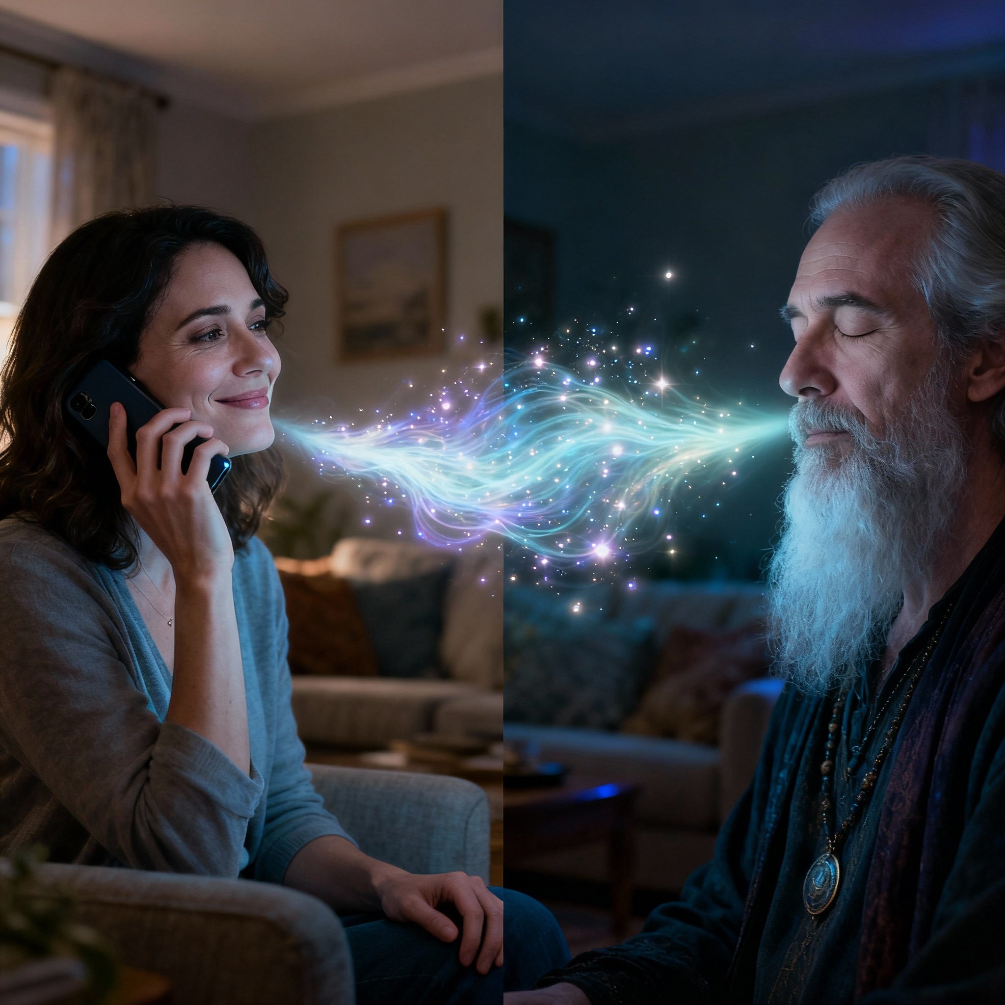 A woman on a phone call shows an expression of epiphany and relief, as a subtle stream of light energy connects her to the psychic advisor off-screen, symbolizing a clear stream of insight.