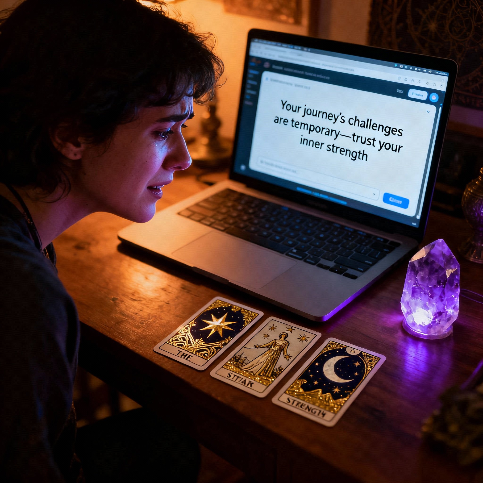 A user is engaged in an online chat consultation with a psychic on a laptop. The screen shows insightful text, with tarot cards and a glowing crystal nearby, creating an atmosphere of revelation.