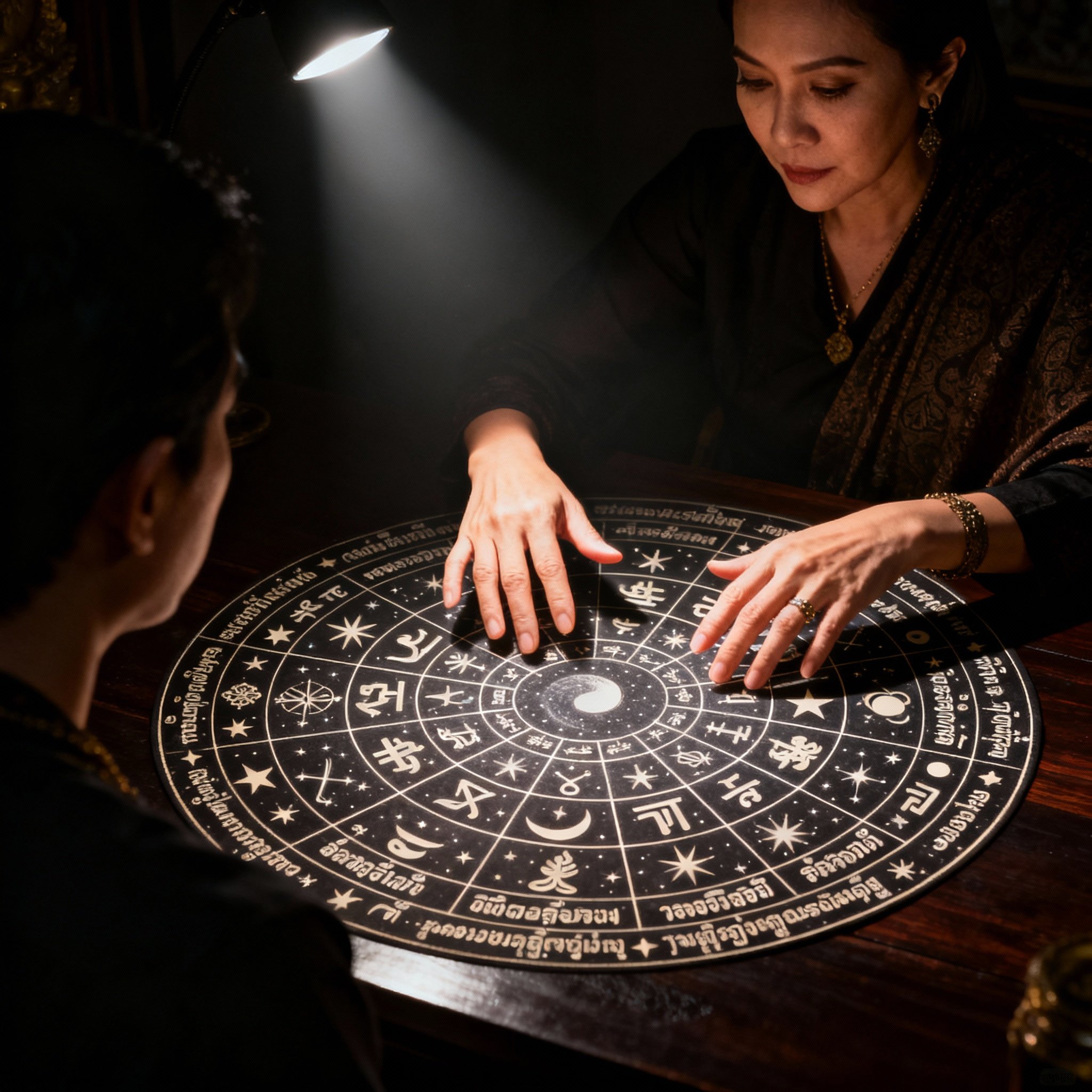 An over-the-shoulder view of a client as Ajarn Lily interprets a complex and beautiful Thai astrology chart. Her finger points to specific symbols on the chart with a focused expression. The client is listening intently, creating an atmosphere of insight and revelation.