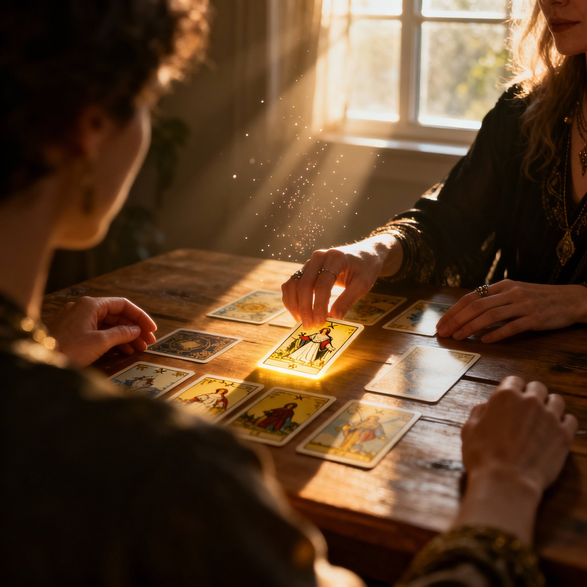 An interactive scene of a psychic reading tarot cards for a client. Light from a window illuminates the cards on the table, creating a focused, private, and insightful atmosphere.