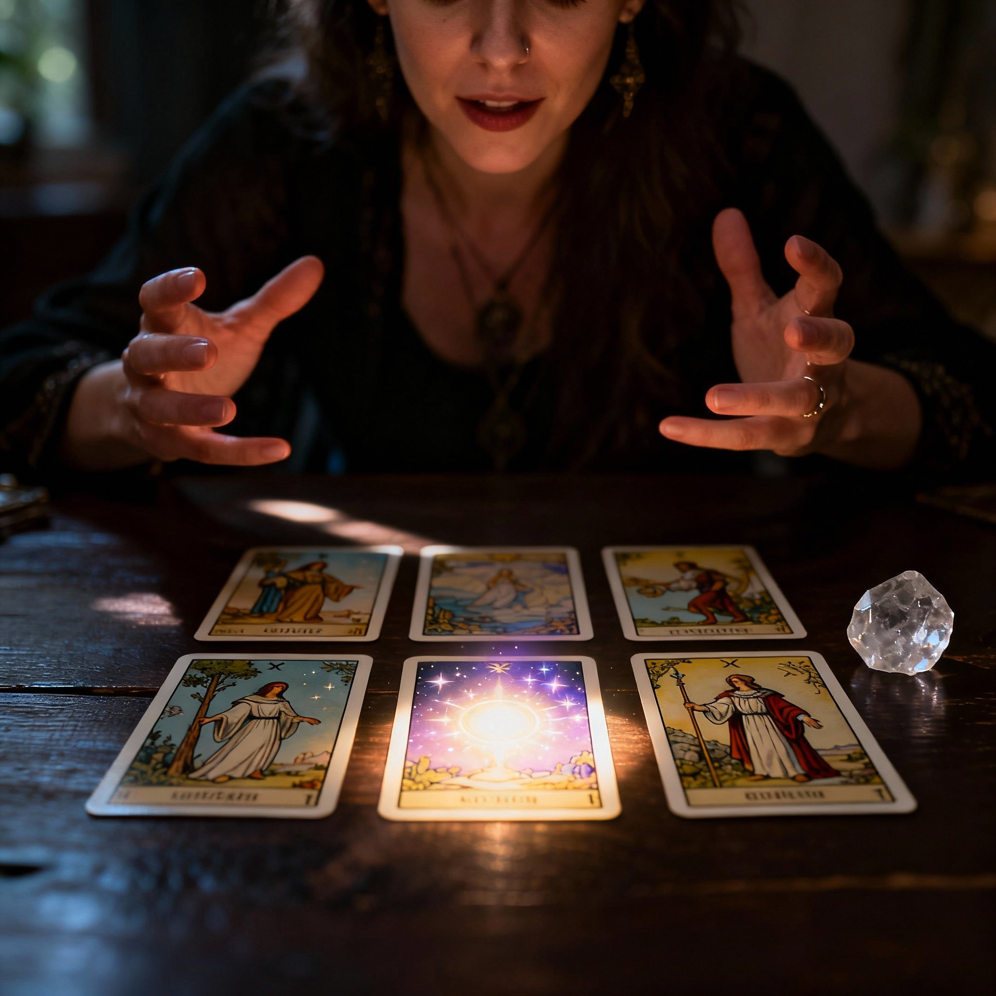 A close-up shot of a consultation scene. In the foreground, a few tarot cards with a subtle glow are laid out. In the background, psychic Shaka Lish is seen from the client's perspective, engaging in a focused conversation, her hand gestures expressive. The image conveys an atmosphere of depth, clarity, and emotional resonance.