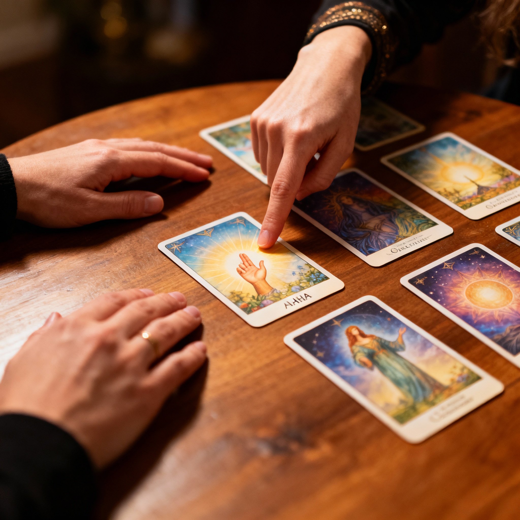 An overhead view of a consultation table, focusing on the hands of the psychic and a client over beautifully illustrated oracle cards. The client's hand is gesturing towards a card with a sense of realization, capturing a moment of clarity and empowerment.