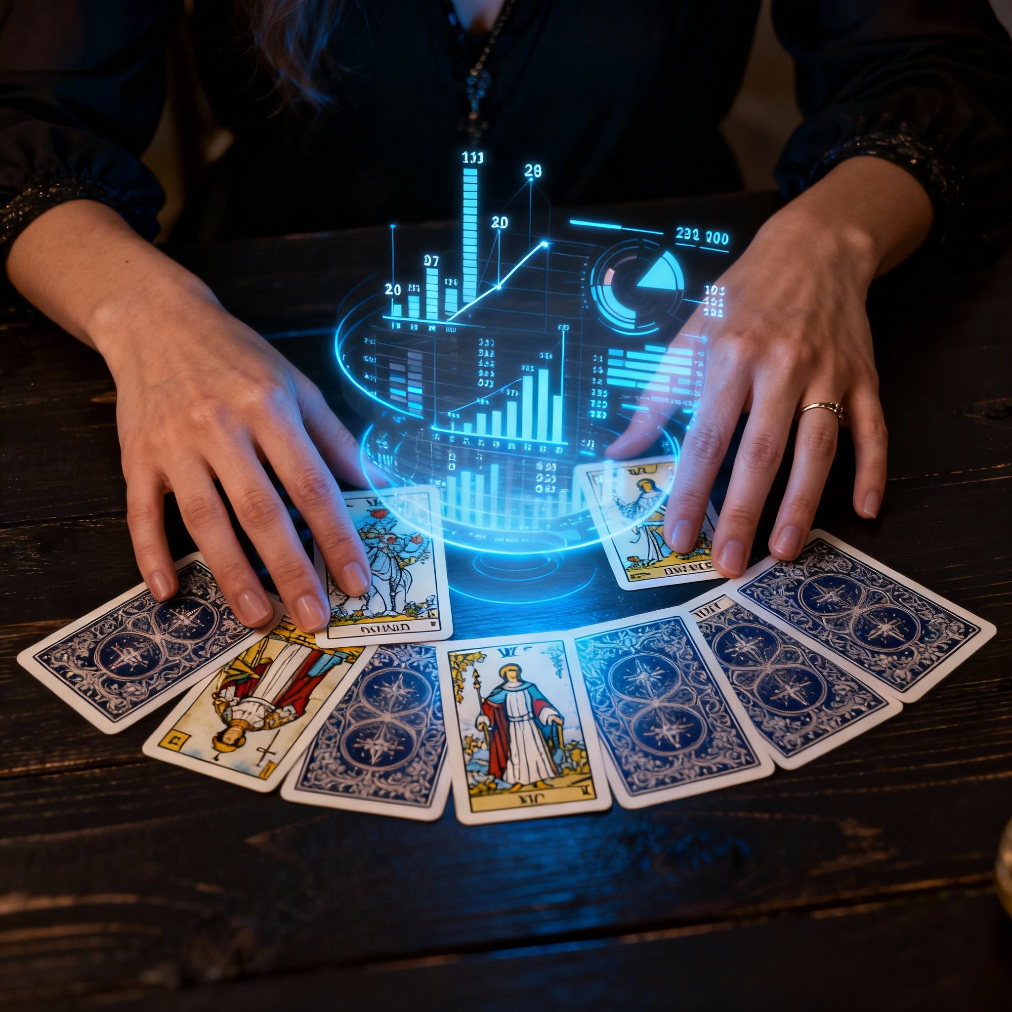 A pair of elegant hands interpreting tarot cards, with glowing charts and data streams floating above them, symbolizing the psychic's combination of intuitive insight and user data analysis.