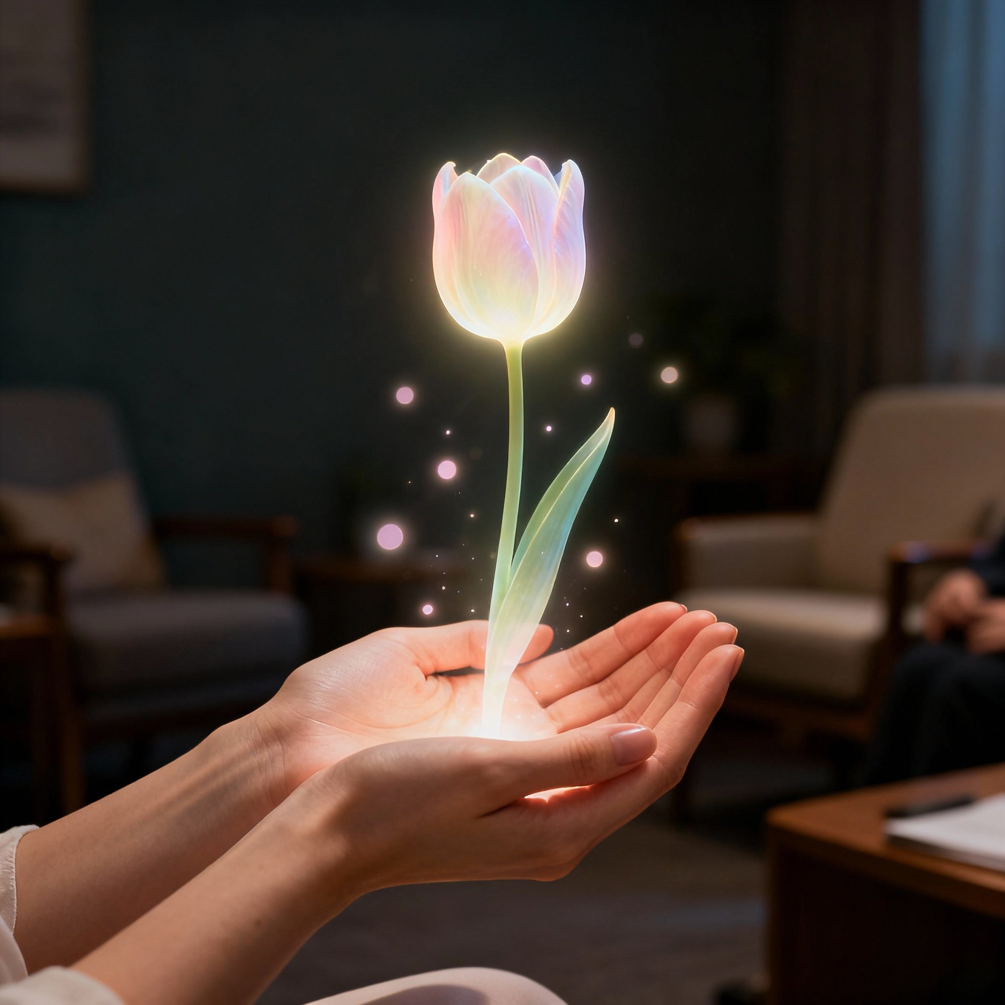 A symbolic image of a pair of gentle hands holding a glowing tulip, representing Adriatic Aura's specific and unique prediction that brought clarity to a client.