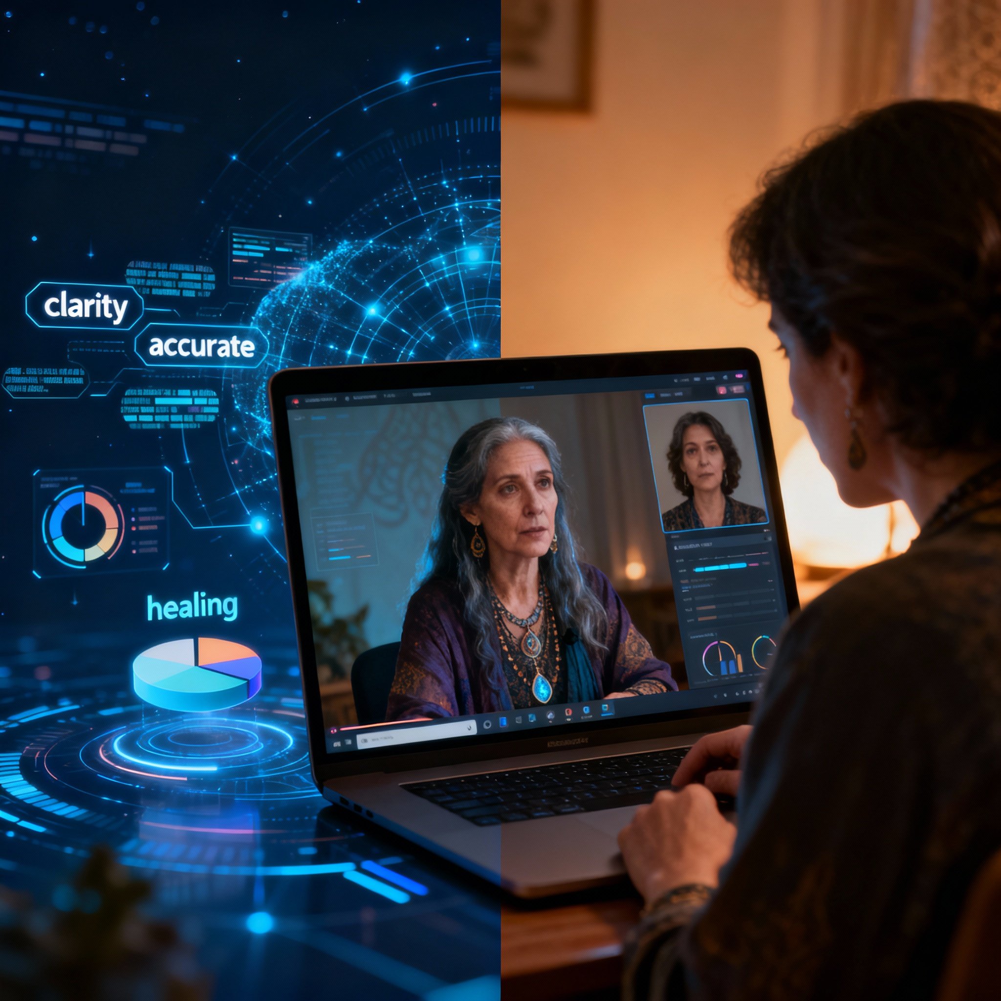 A conceptual image showing glowing data charts and a word cloud from user reviews on the left, and the silhouette of a psychic in an online video consultation with a client on the right, symbolizing the blend of data analysis and personal insight.