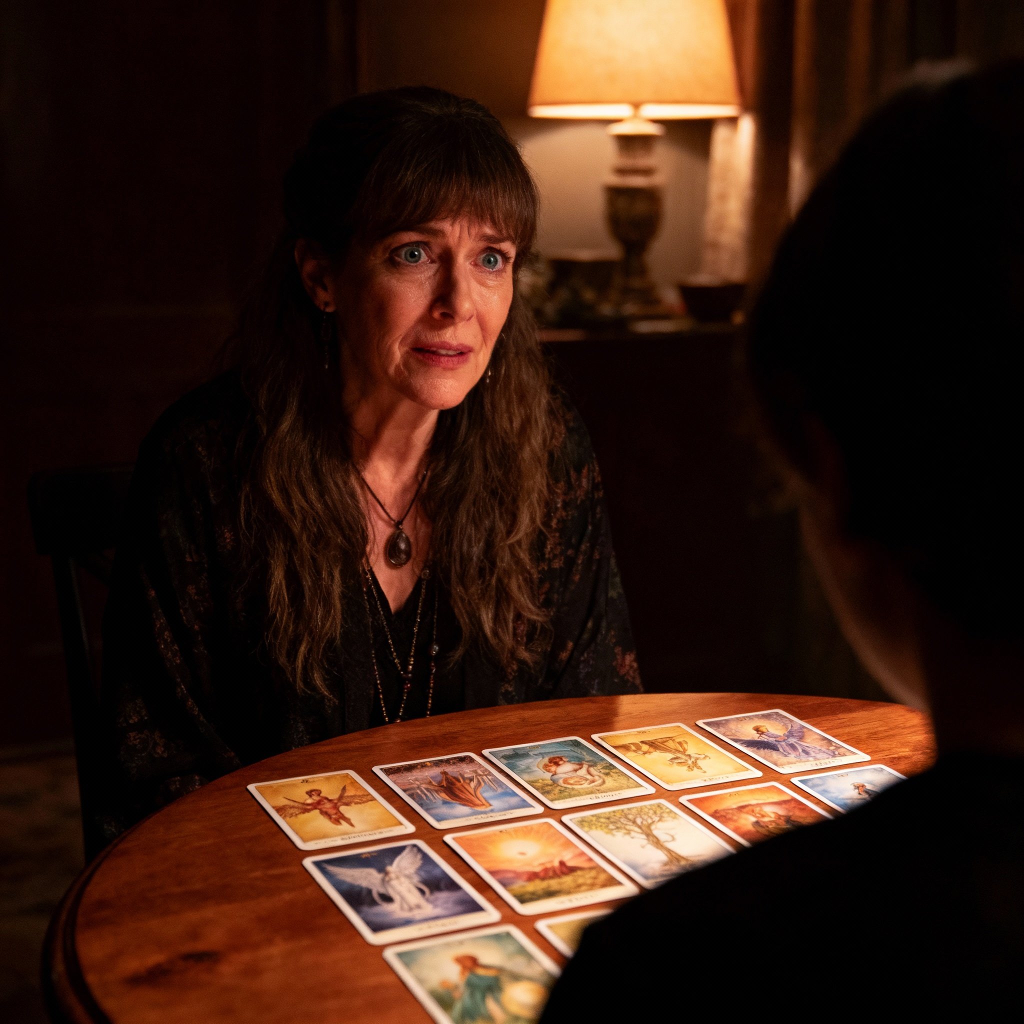 Psychic Jane Elizabeth during a consultation. Several angel cards are spread on the table before her, but her gaze is not on the cards; she looks into the distance with profound insight, as if receiving an invisible message. The client's shoulder is visible on the side, creating an atmosphere of interaction.