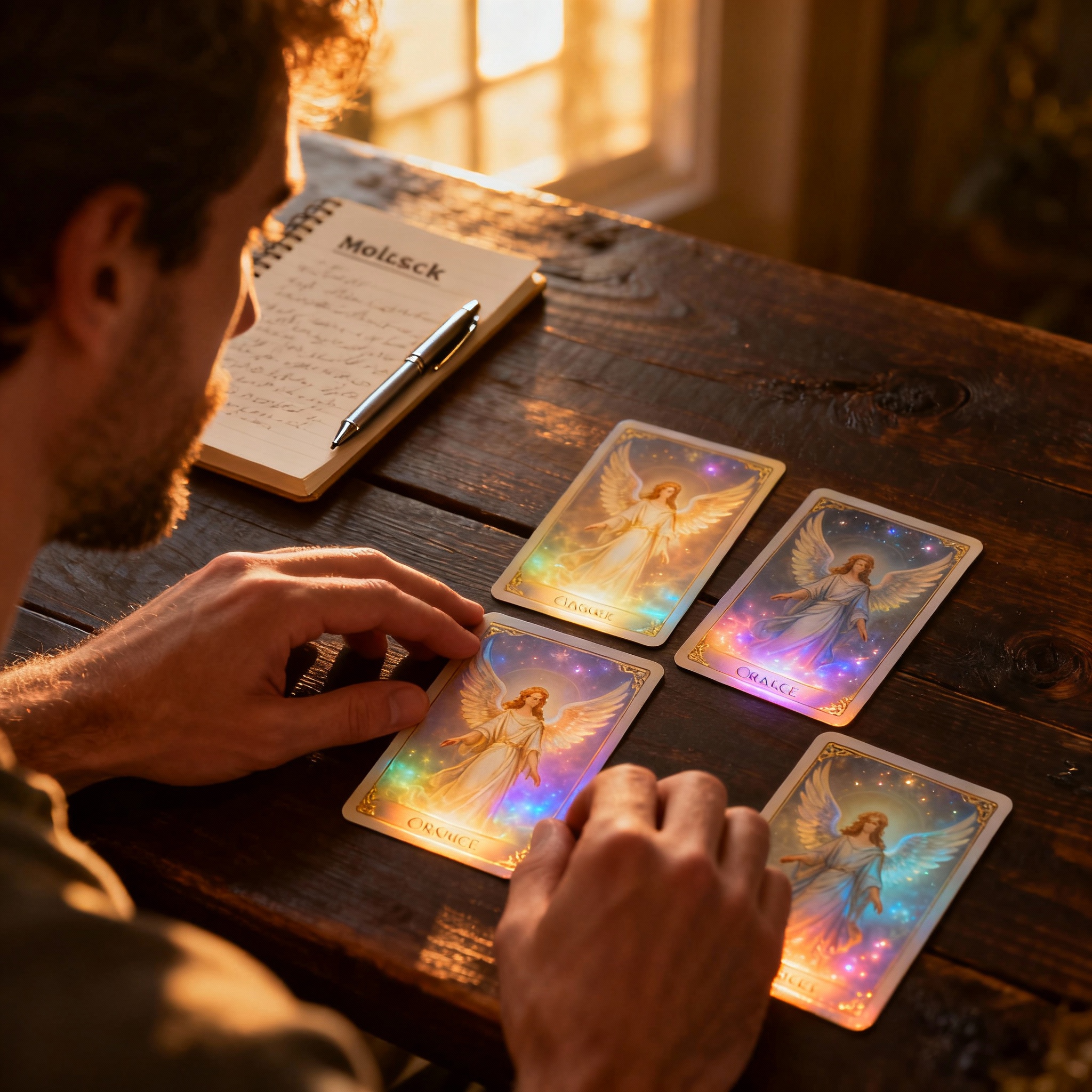 An over-the-shoulder view from a client's perspective, showing a psychic's hands interpreting glowing Angel Oracle cards on a dark wood table, with a notebook nearby, symbolizing a moment of clarity during a consultation.