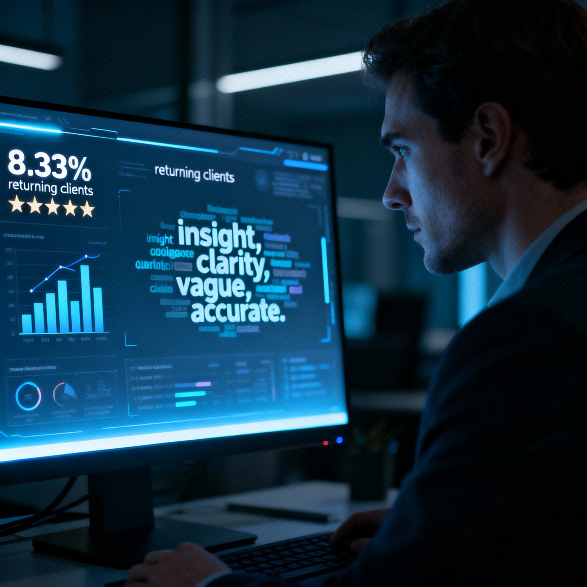 An analyst in front of a screen, interpreting user review data and charts. The screen displays star ratings and a keyword cloud, symbolizing a deep dive into the psychic service's feedback.
