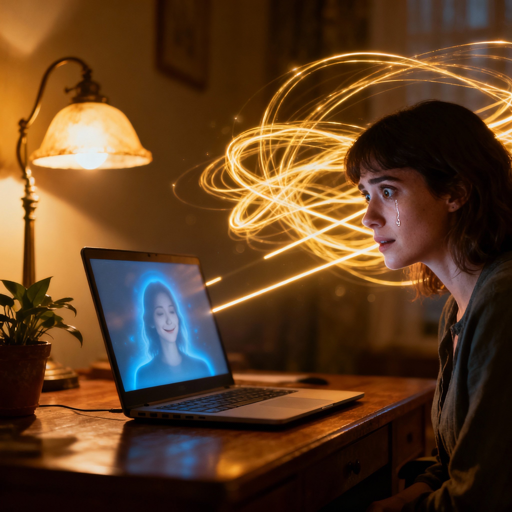 A client during a video consultation with a psychic. The client's expression transforms from confusion to one of dawning realization and relief, symbolizing the journey to clarity and empowerment provided by the reading.