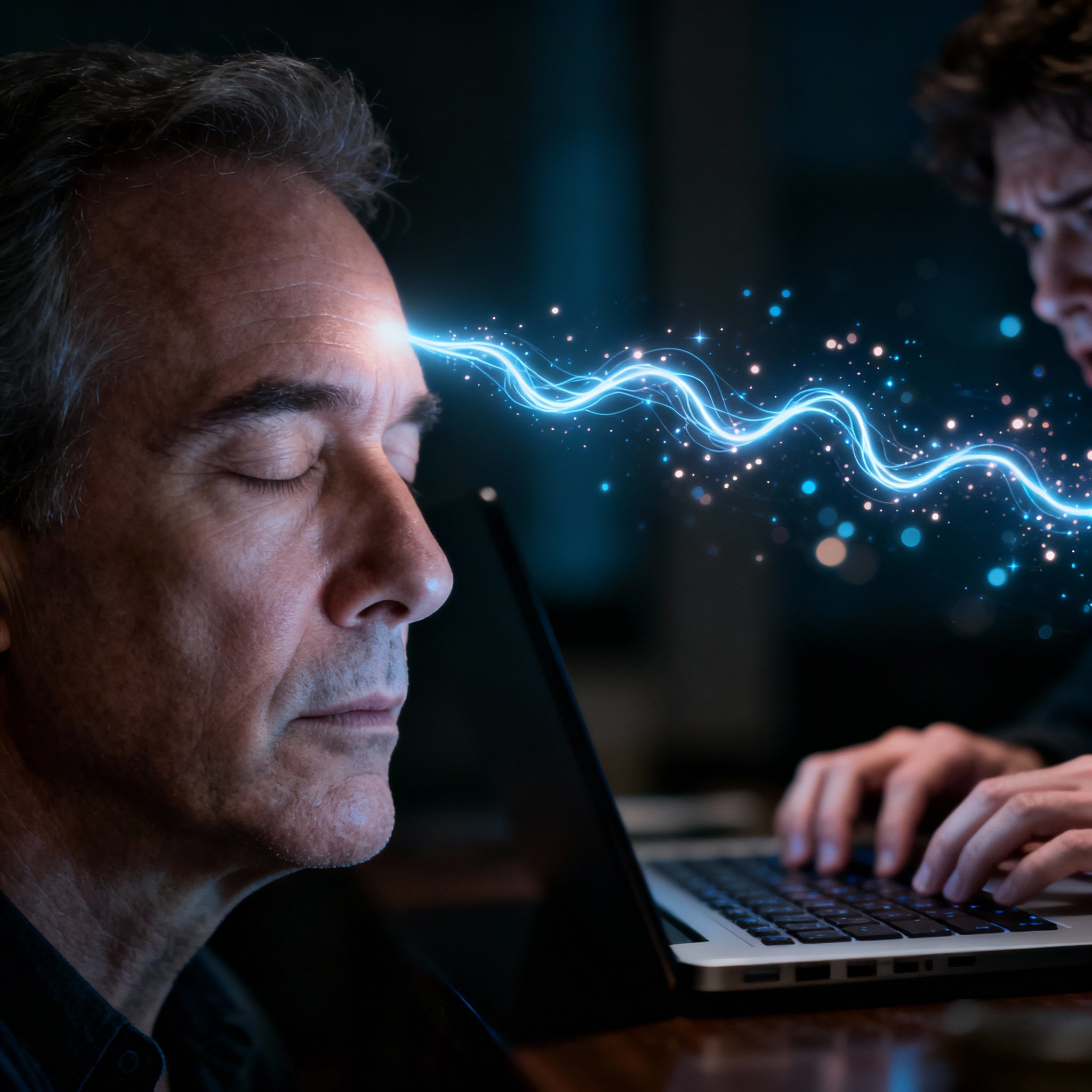 A conceptual image showing a psychic with his eyes closed as a line of light, representing a thought, connects to him. Beside him, a client is typing on a laptop, symbolizing profound insight without words.