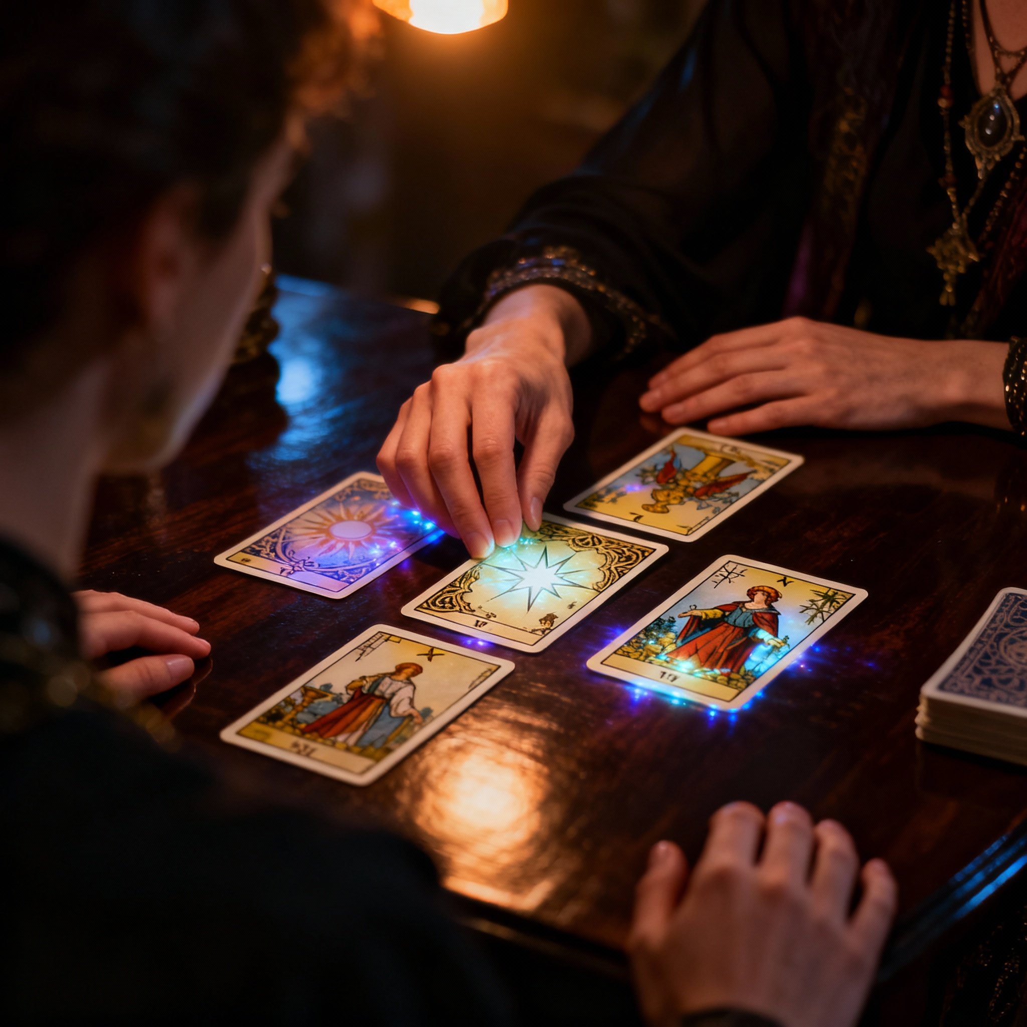 An over-the-shoulder view showing the hands of psychic Miranda Rose laying out glowing tarot cards on a dark wooden table. The cards emit a subtle light, symbolizing clarity and insight, in a focused and connected session.