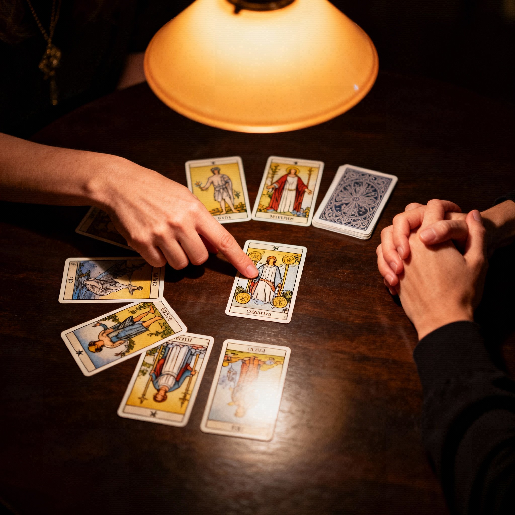 A close-up of a consultation scene, showing the hands of the psychic and a client over a spread of tarot cards, focusing on the moment of 'spot on' revelation.