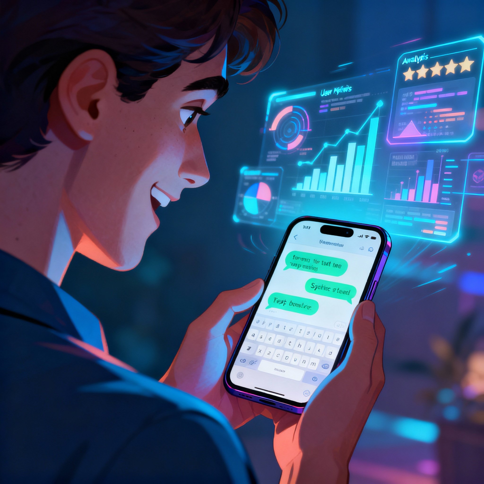 An over-the-shoulder view of a user having a text consultation with a psychic on her smartphone. The screen clearly shows fast-scrolling chat bubbles, and her expression shifts from focused to relieved. Abstract, illuminated charts representing data analysis float in the background.