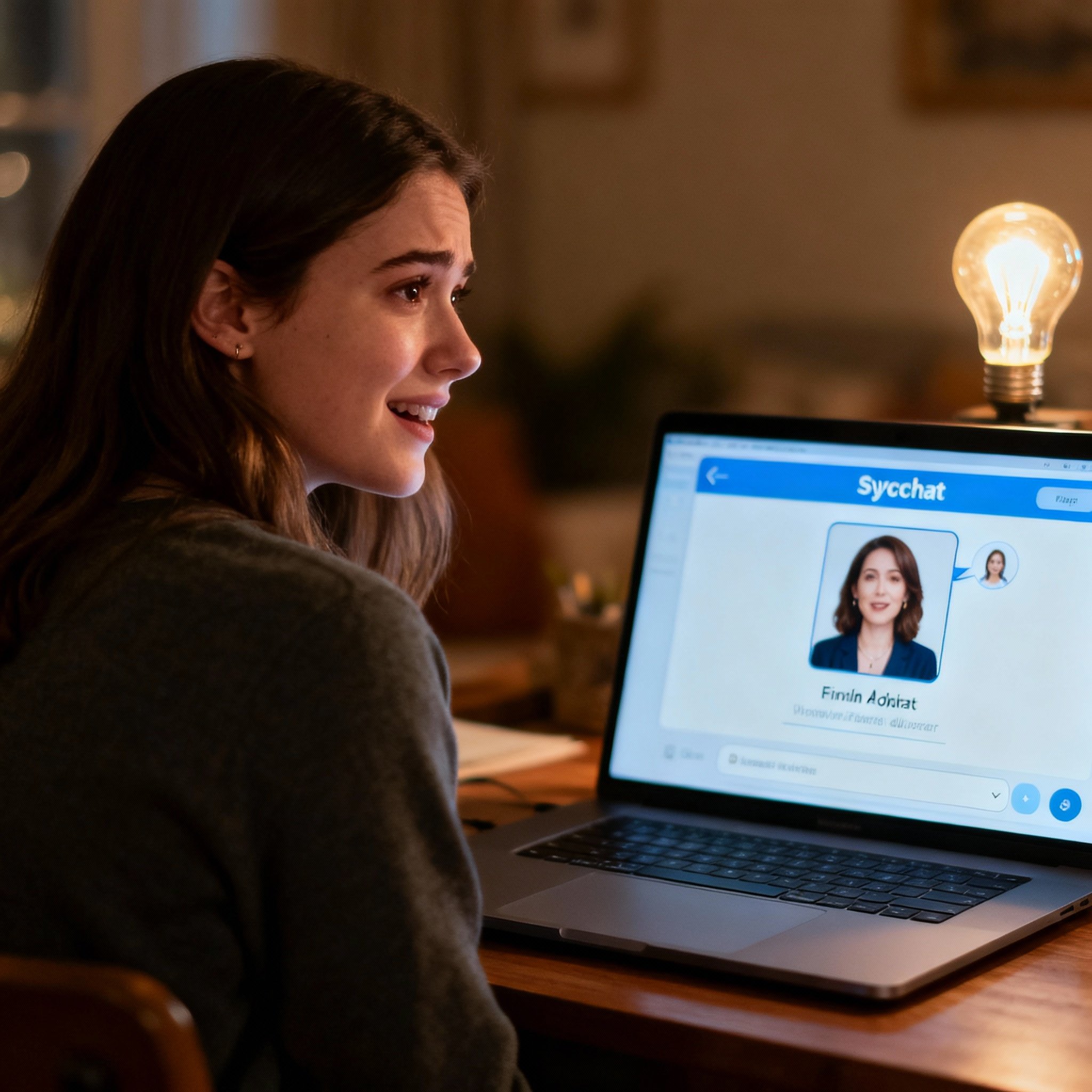 A female client sits in front of her computer, looking at a psychic chat interface on the screen with an expression of sudden realization and relief, symbolizing the profound insight and validation received during the consultation.