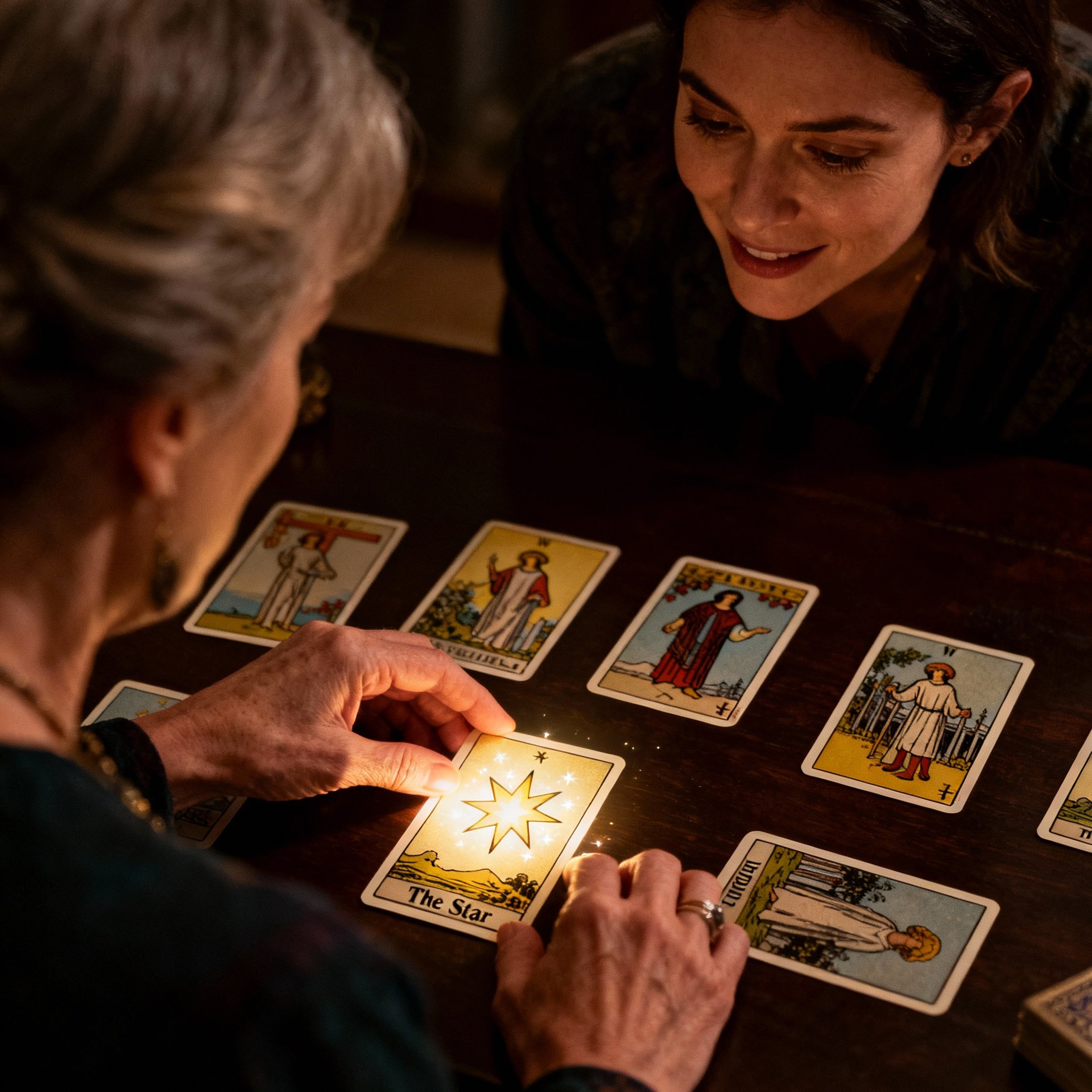 A psychic interpreting Tarot cards for a client during a consultation, with the cards on the table glowing softly, symbolizing revealed insight and clarity.