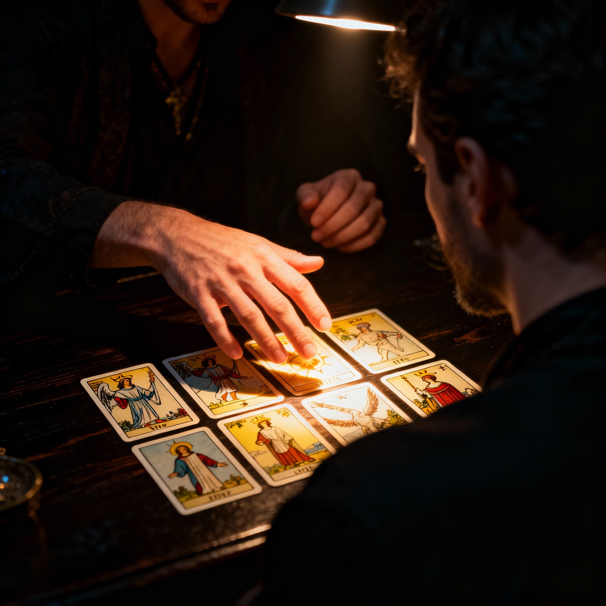 An over-the-shoulder view of a client watching psychic Merlins Maker interpret tarot cards on a table, with dramatic light focusing on his hands and the cards, creating an atmosphere of focus and revelation.