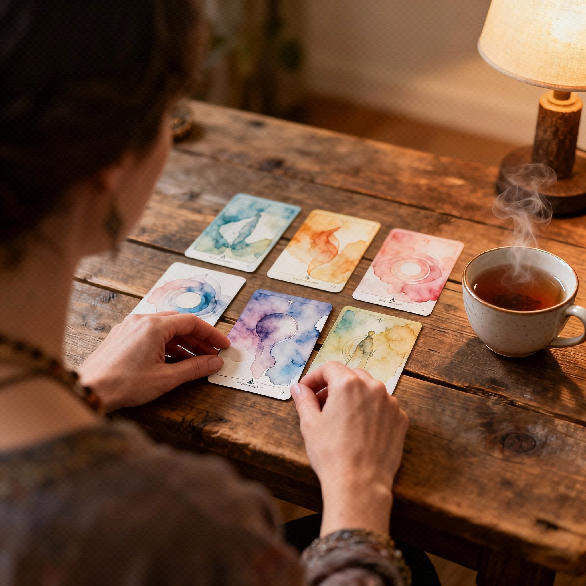 An over-the-shoulder view of a client watching a psychic's hands arrange artistic Tarot and Oracle cards on a wooden table, in a warm and insightful scene.