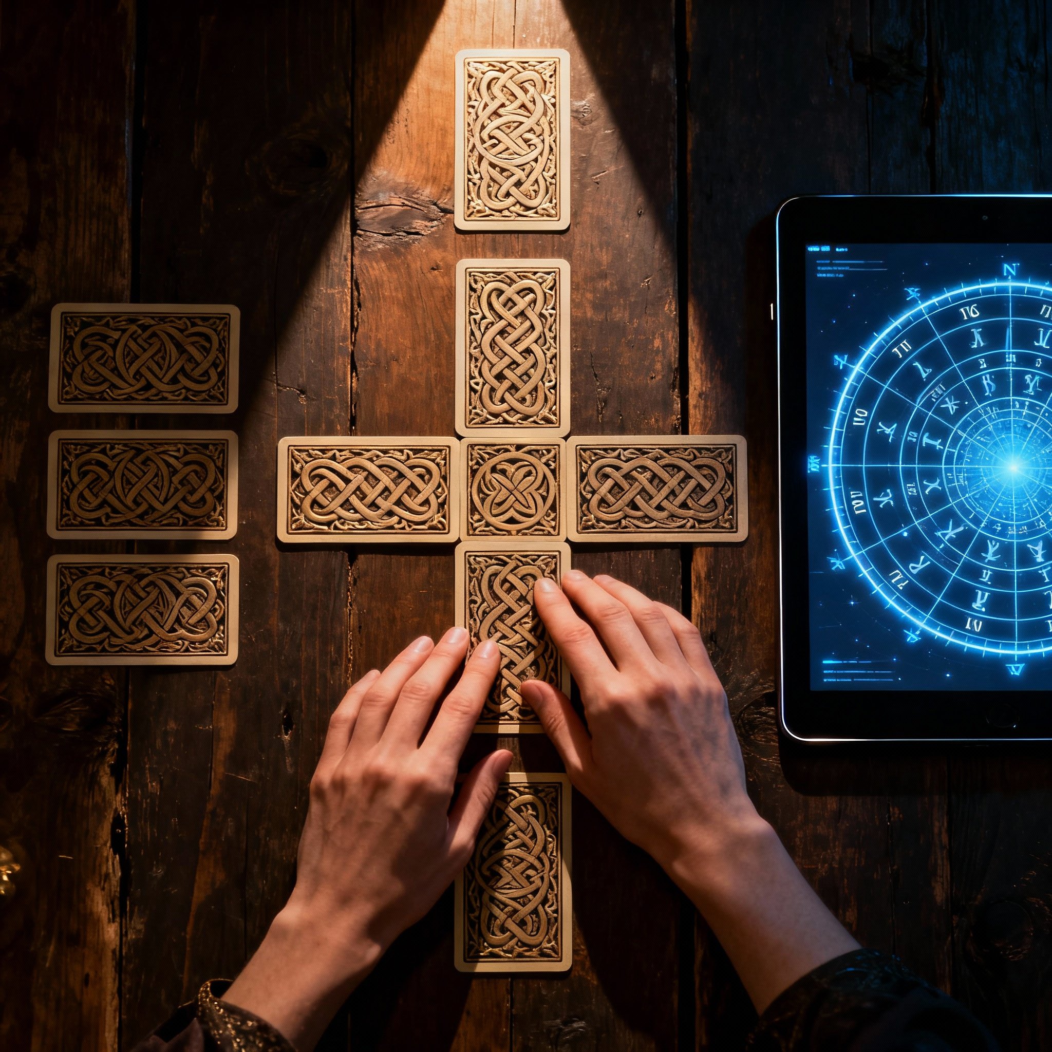 On a dark wooden table, a psychic's hands are arranging a Tarot card spread next to a tablet displaying a glowing astrological birth chart, symbolizing an in-depth, multi-tool analysis.