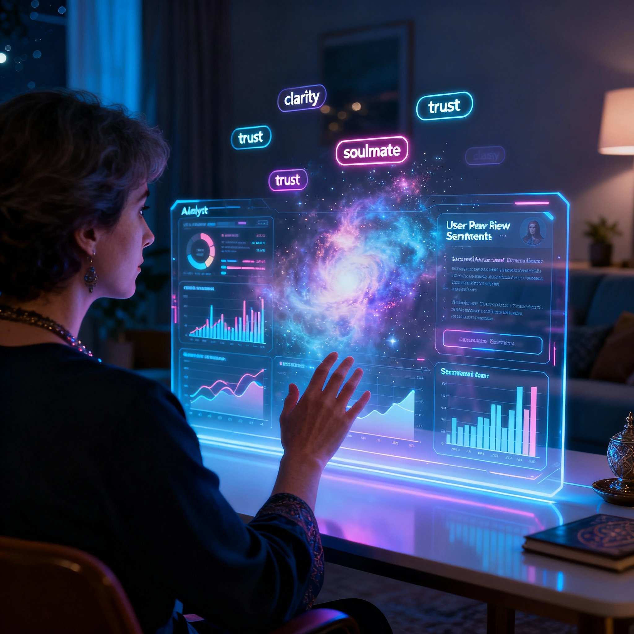 An over-the-shoulder view of an advisor analyzing a glowing digital screen that displays charts, keywords, and energy flows representing user emotions, conveying a sense of technology and insight.
