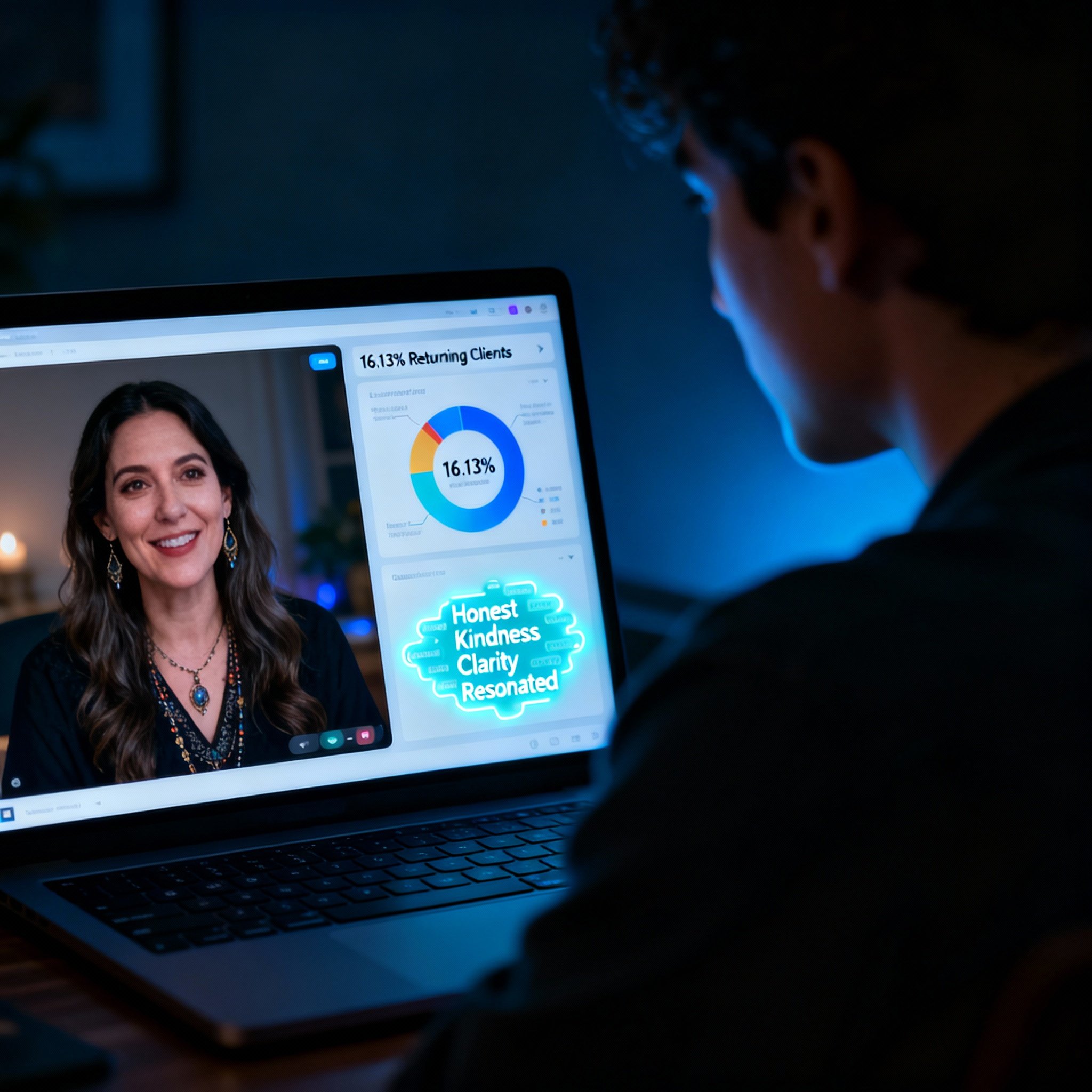 An over-the-shoulder view of a client on a video call with a psychic on their laptop. The screen displays the video window alongside clean data charts and a word cloud where terms like 'honest,' 'kind,' and 'resonated' are prominent.