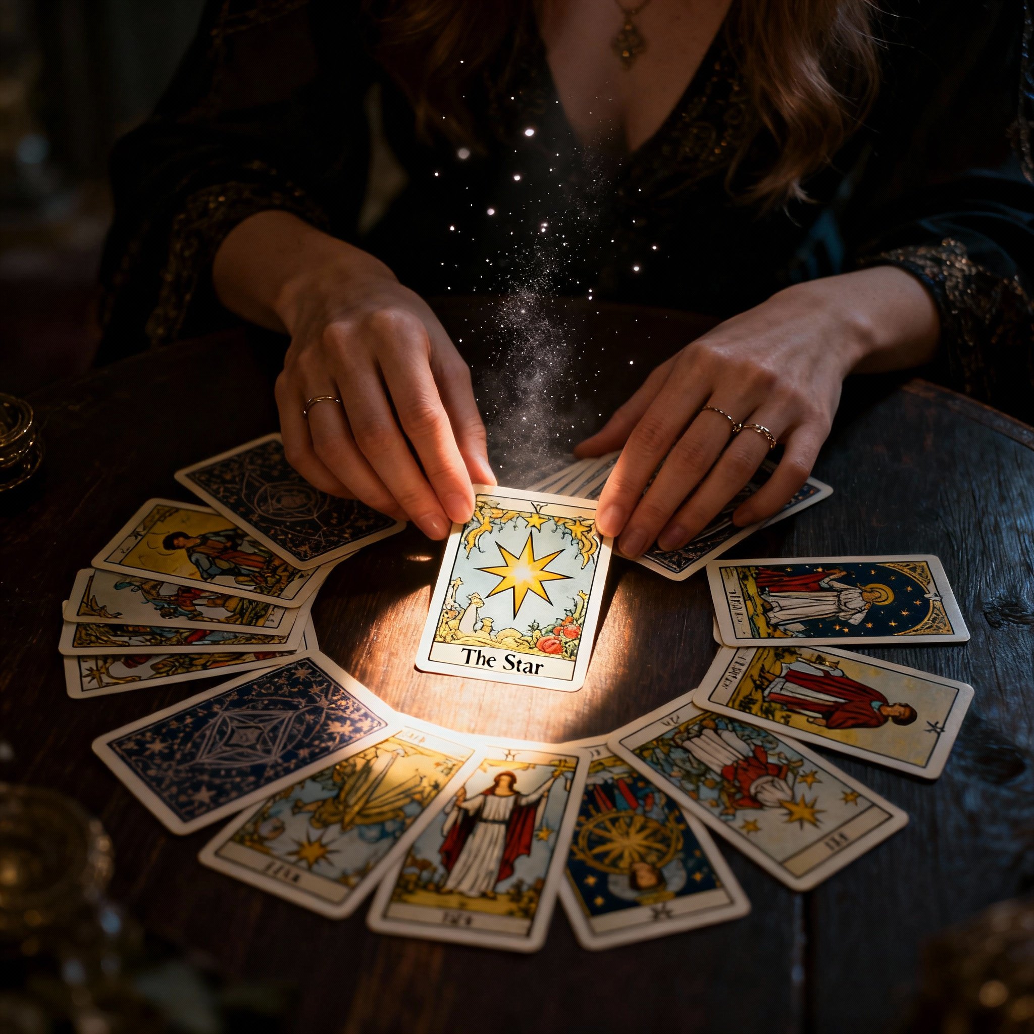 An overhead shot showing a pair of hands laying out tarot cards on a wooden table. A soft beam of light illuminates key cards, symbolizing a moment of clear insight and revelation amidst a complex situation.