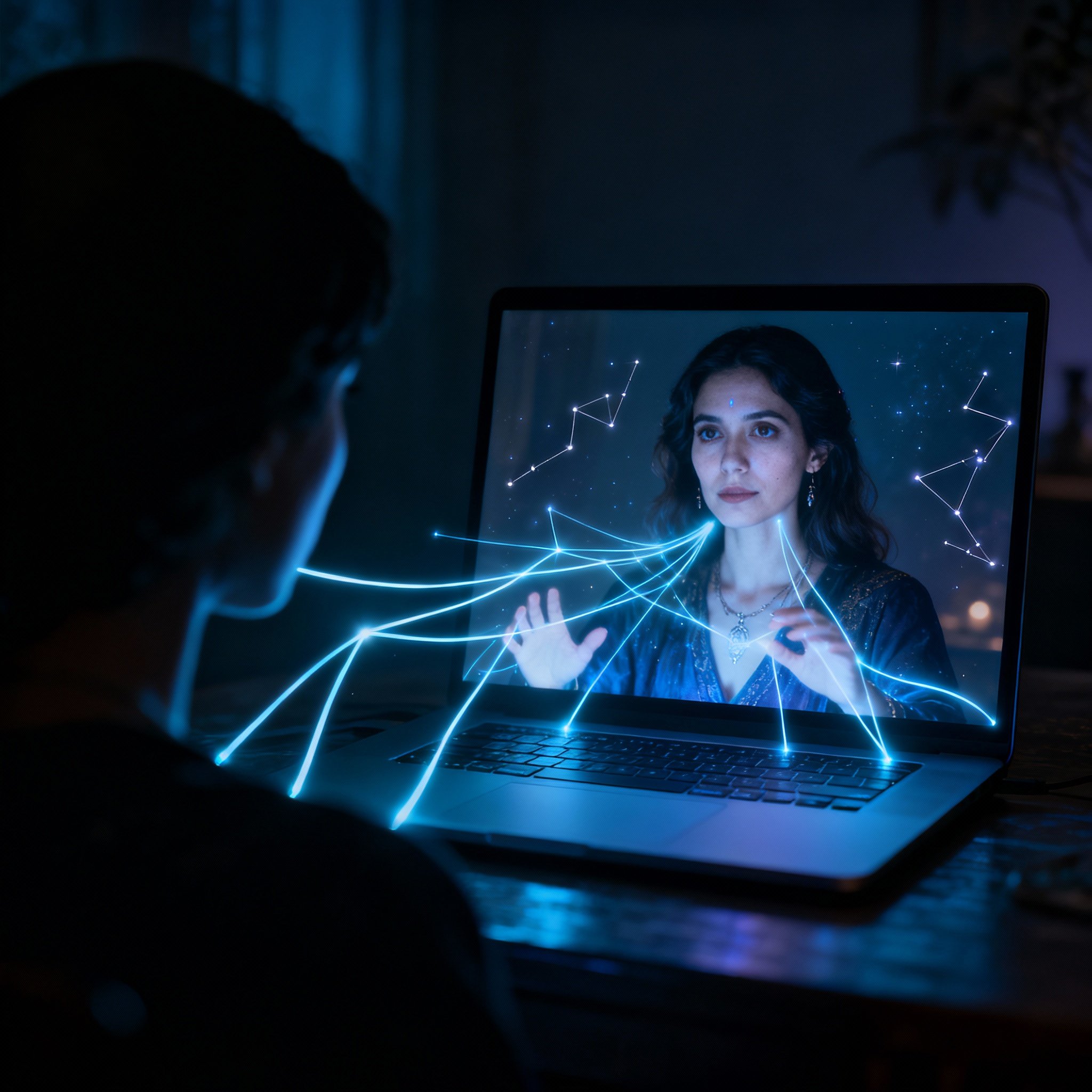 A conceptual consultation scene where a psychic interacts with a client via a screen, with glowing lines of energy and constellations between them, symbolizing intuitive understanding and emotional connection in a complex situation.