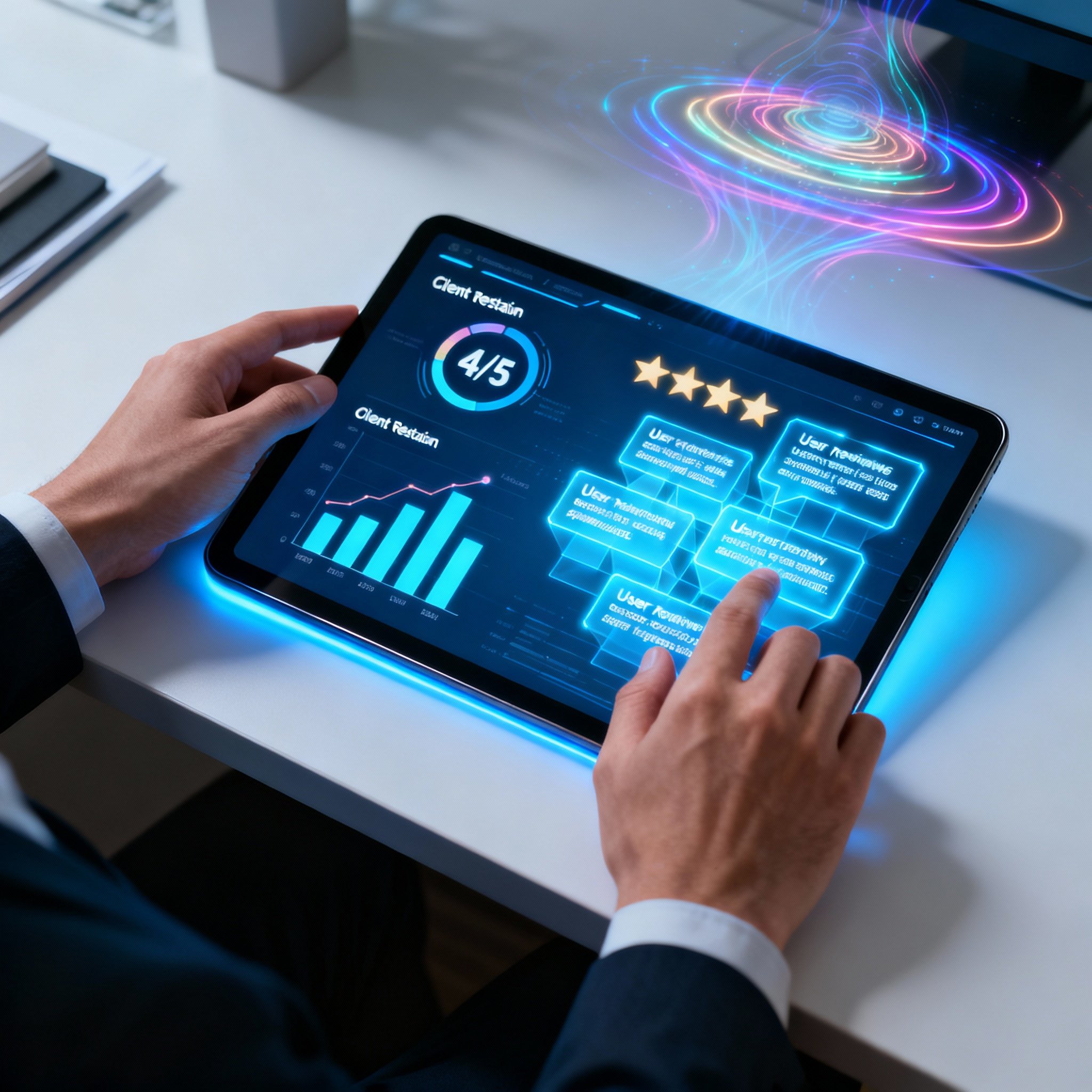 On a desk, a pair of hands analyzes data on a tablet. The screen displays charts, star ratings, and text blocks representing user reviews, symbolizing an in-depth analysis of a psychic's performance.