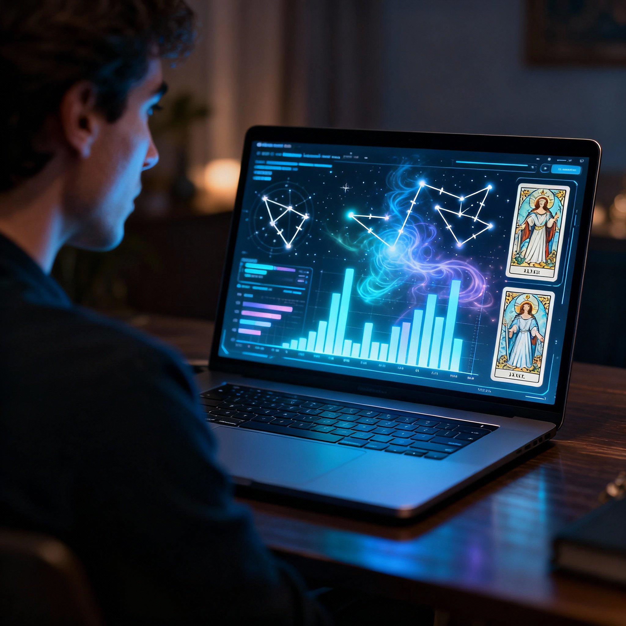 A scene depicting a client in an online consultation with a psychic. The screen shows glowing astrological charts and data graphs, symbolizing the blend of intuitive insight and data analysis.