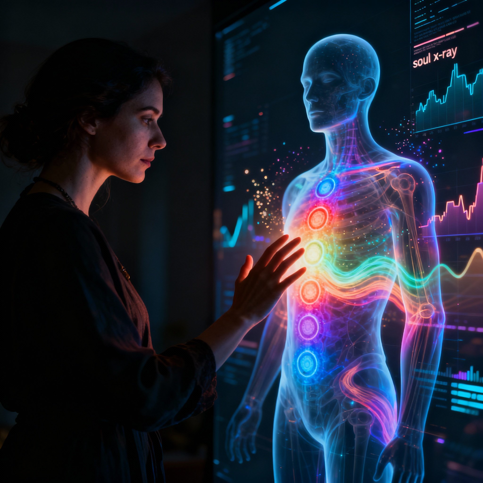An artistic representation of a consultation session. A psychic's silhouette is seen in profile, intently observing a translucent human form made of colorful light. The form clearly shows glowing chakra points and a flowing aura, with abstract data charts integrated into the background, symbolizing a blend of intuition and analysis.
