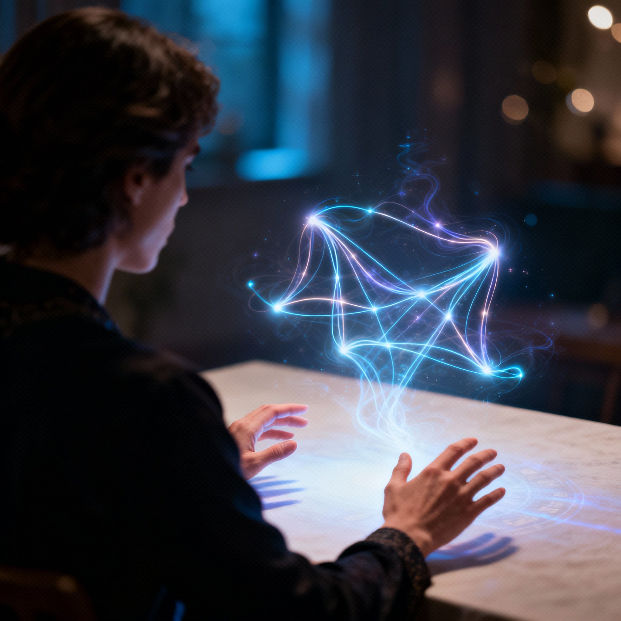 An abstract scene of a psychic in consultation. Her hands hover in the air, with luminous lines of energy floating beneath them, representing emotional connections and life paths, symbolizing her process of deciphering complex information to bring clarity to clients.