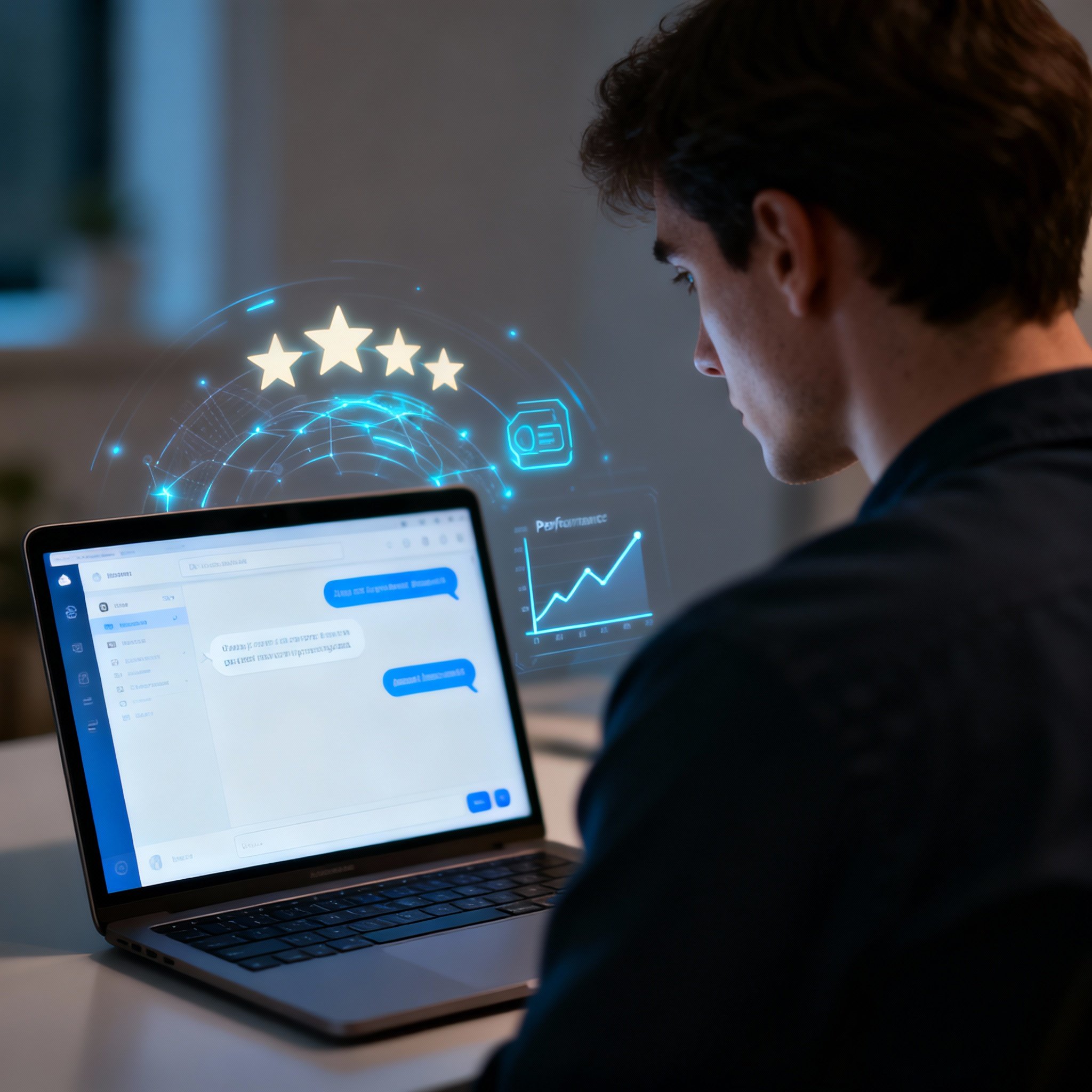 An over-the-shoulder view of a user looking at a laptop screen displaying a chat with a psychic. The screen subtly overlays abstract visuals of star ratings and data charts over the conversation, highlighting the theme of analysis and insight.