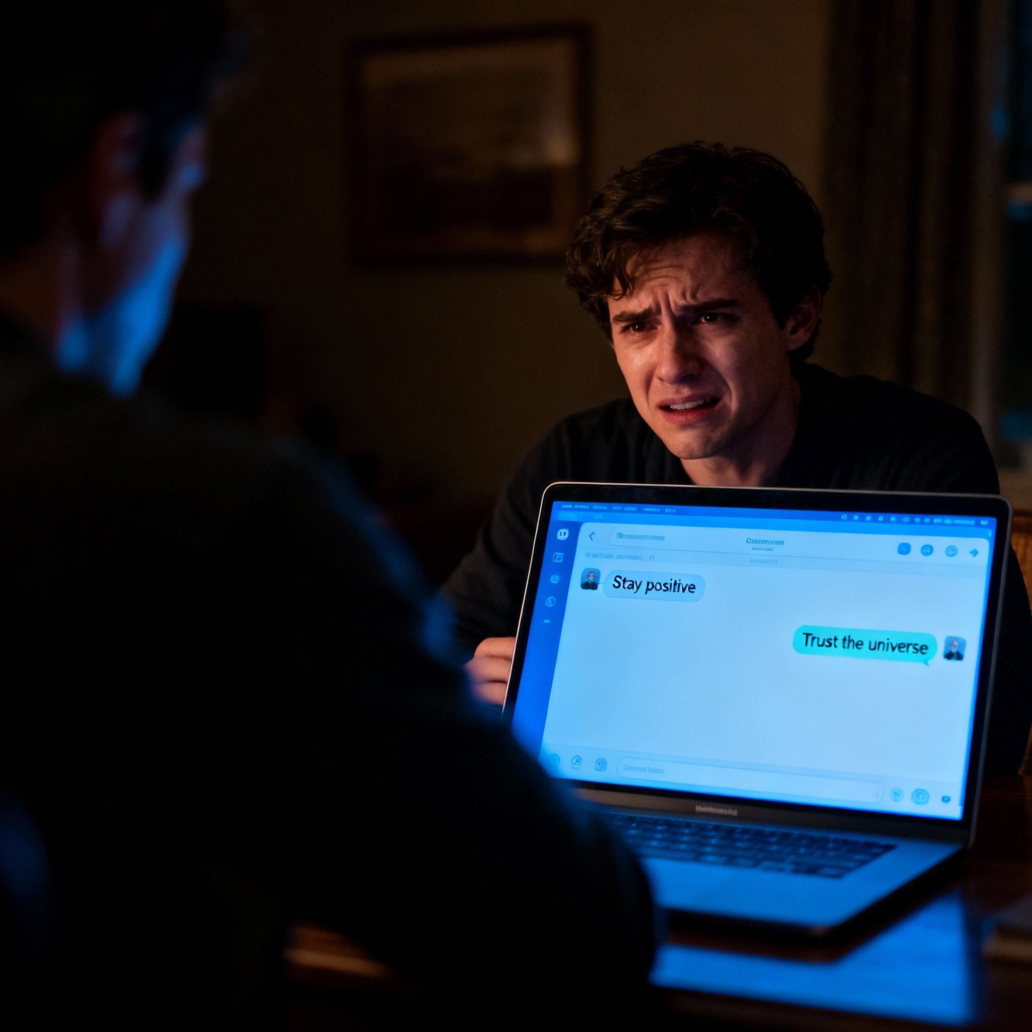A user sits in a dimly lit room looking at a laptop, their face showing disappointment and confusion. The cold light from the screen illuminates them, revealing an online chat interface filled with generic, non-personalized advice.