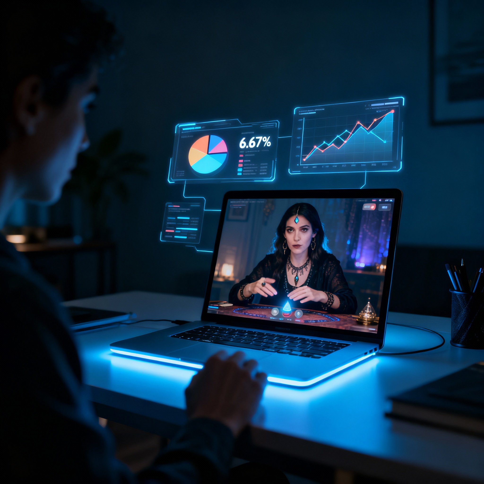 A digital consultation scene from the user's perspective. On the screen, a psychic is conducting a reading, while abstract data charts and energy flows appear alongside, symbolizing the in-depth analysis of user feedback and consultation quality.