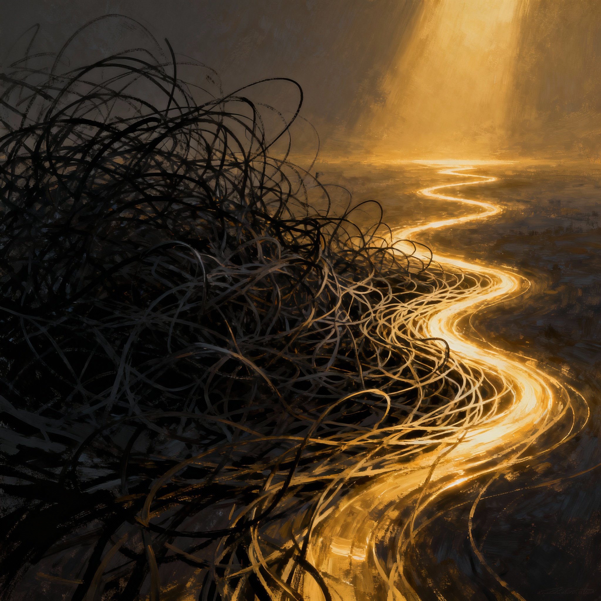 An abstract concept art showing tangled lines representing anxiety and chaotic thoughts, being penetrated and straightened by a warm, clear beam of light, symbolizing the profound insight and mental peace gained from Sonita's consultation services.