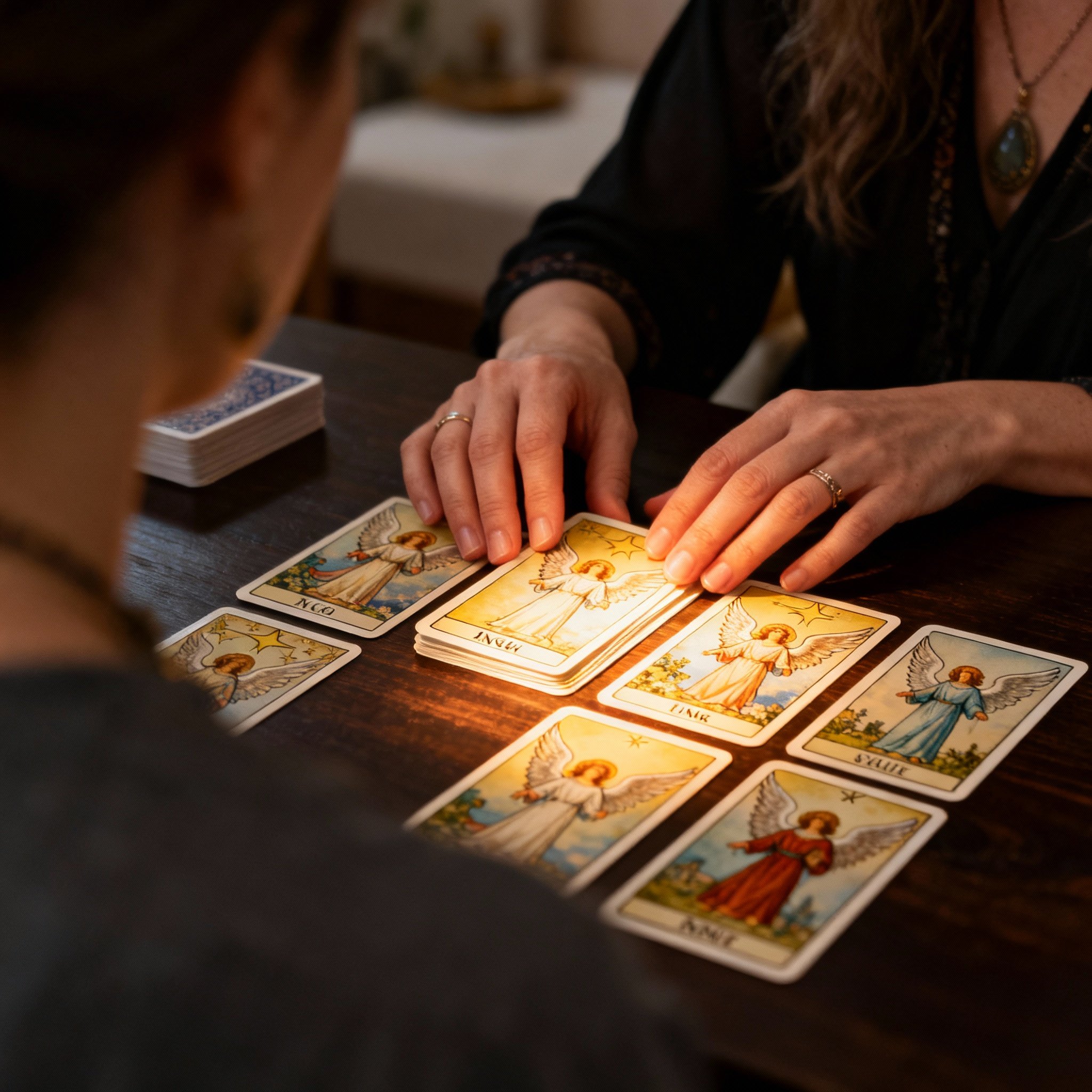 An over-the-shoulder view focusing on psychic Storm's hands as she gently lays out several glowing Tarot cards. The cards are clearly visible under a soft light, symbolizing the provision of clear insight and healing for a client.