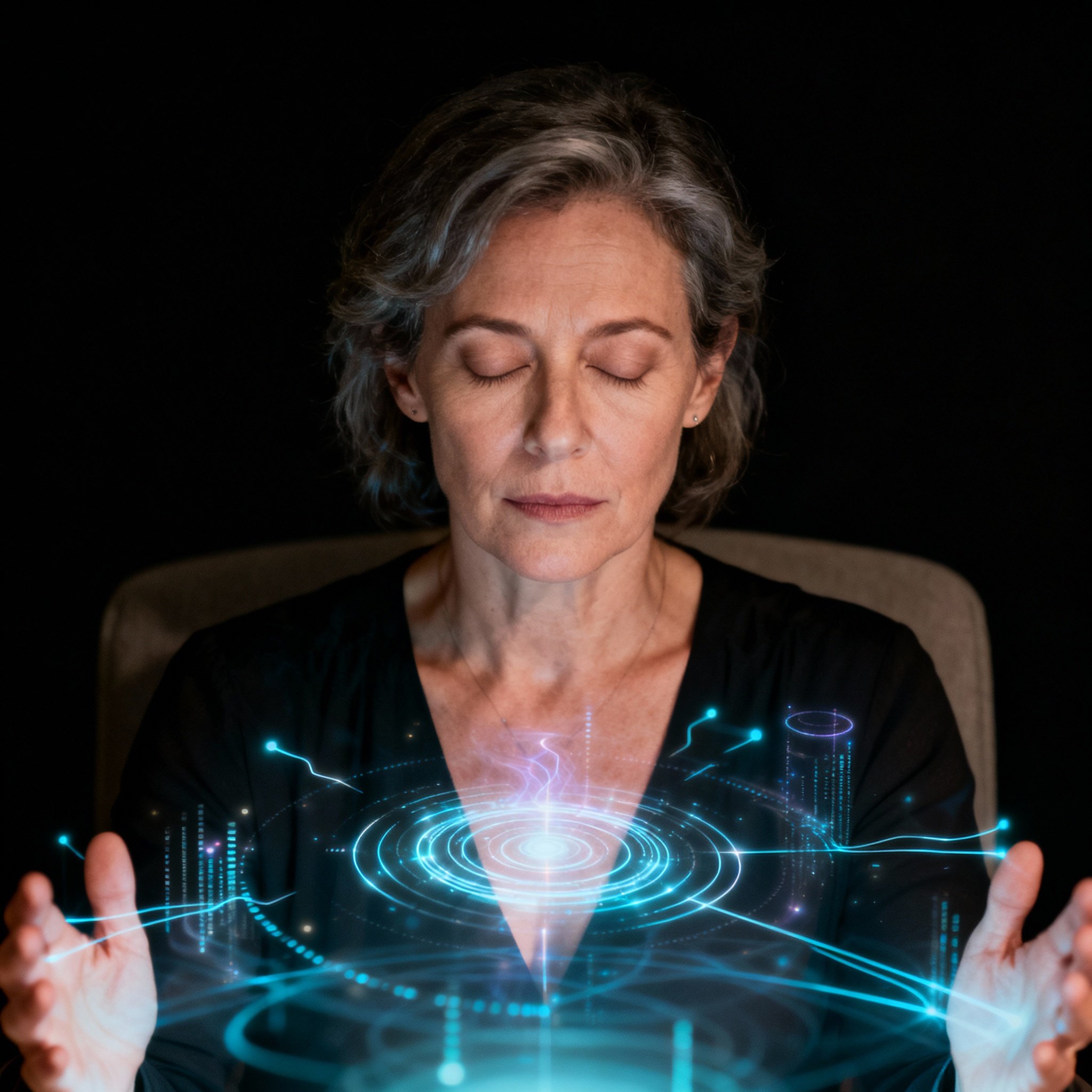 Shalini is in a consultation, her eyes closed in deep concentration as if listening intently. She is surrounded by glowing, abstract lines and energy fields, representing the complex emotions and relationships she is interpreting.