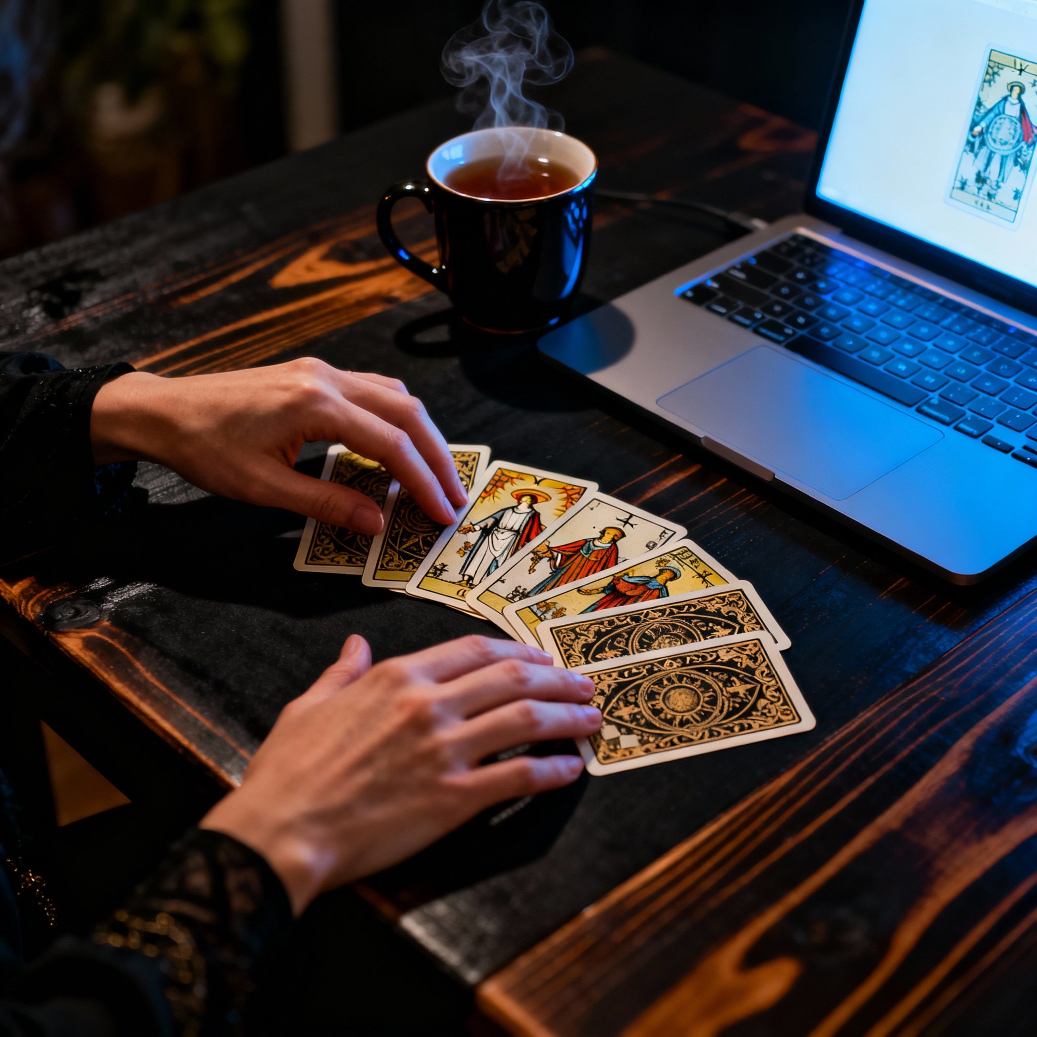 A psychic is interpreting tarot cards and sharing insights with a client via a laptop. The focus is on the insightful hands and the cards on the table, creating a professional and interactive atmosphere.