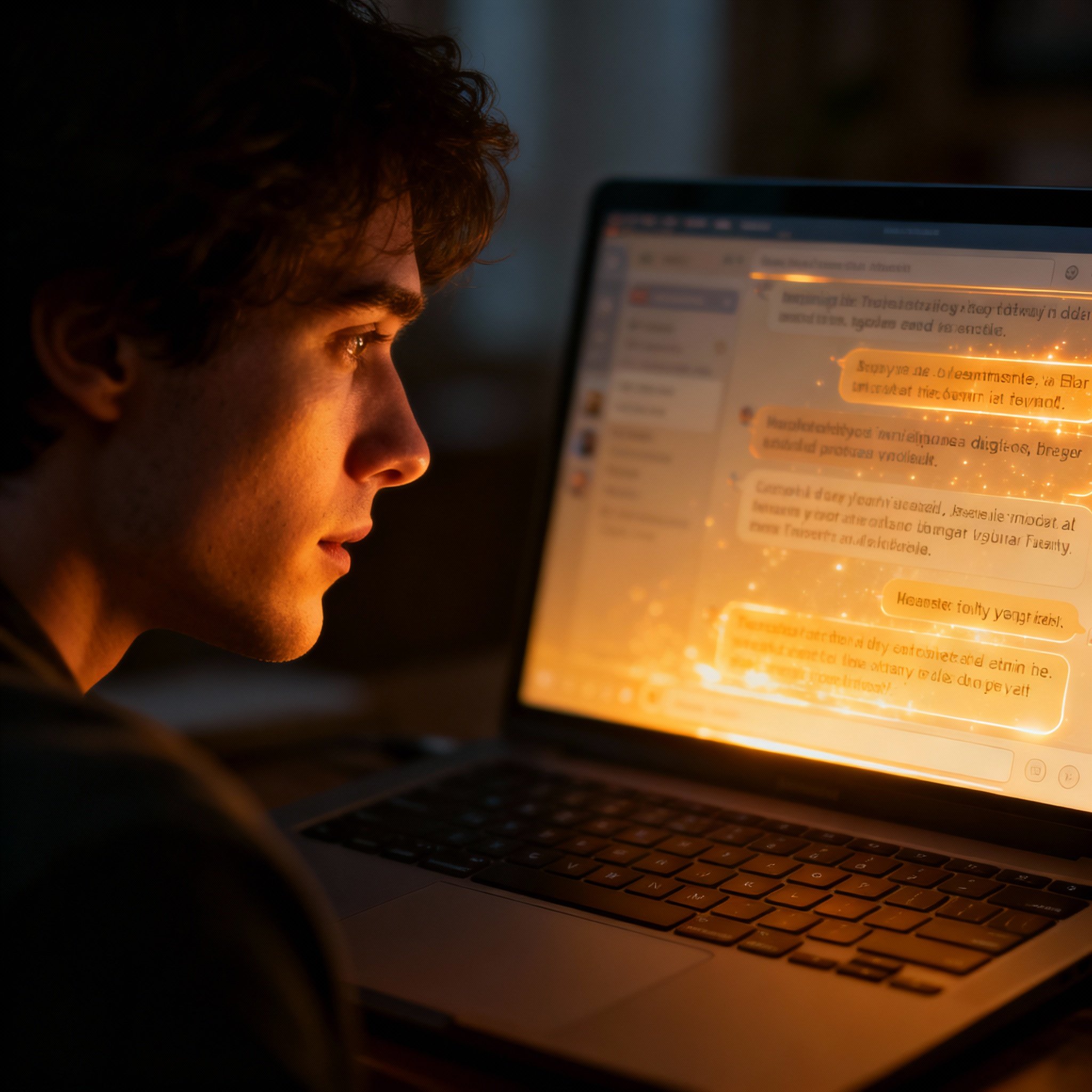 An over-the-shoulder view of a client having a psychic reading on a laptop. The screen shows fast-moving, detailed chat messages, and the client's face shows a calm expression of dawning realization and clarity.