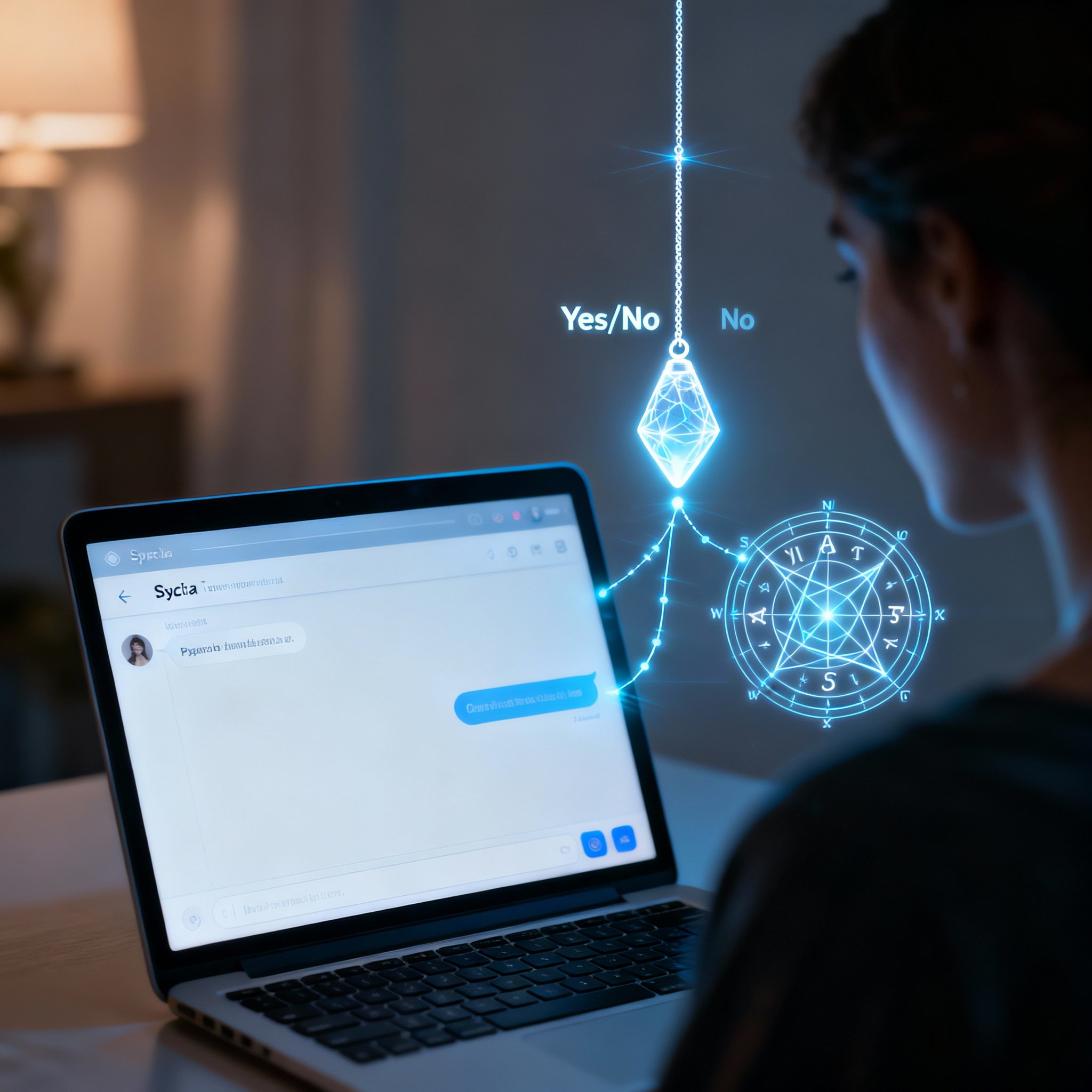 A computer screen shows a chat interface with a psychic, with a glowing astrological chart and pendulum floating nearby, symbolizing the clear insights gained during a consultation.