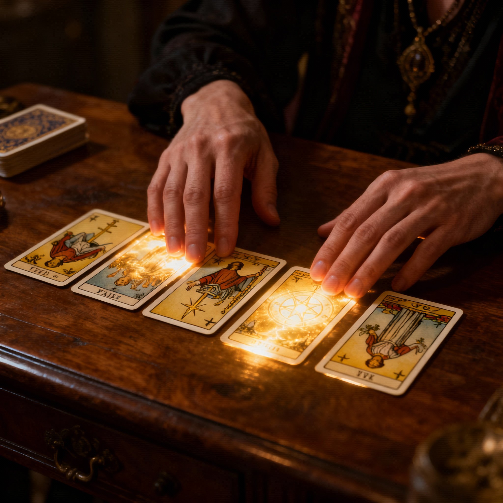 A close-up shot showing a psychic advisor's hands hovering gracefully over glowing tarot cards, symbolizing the key moment of reading energy and providing deep insight for a client.