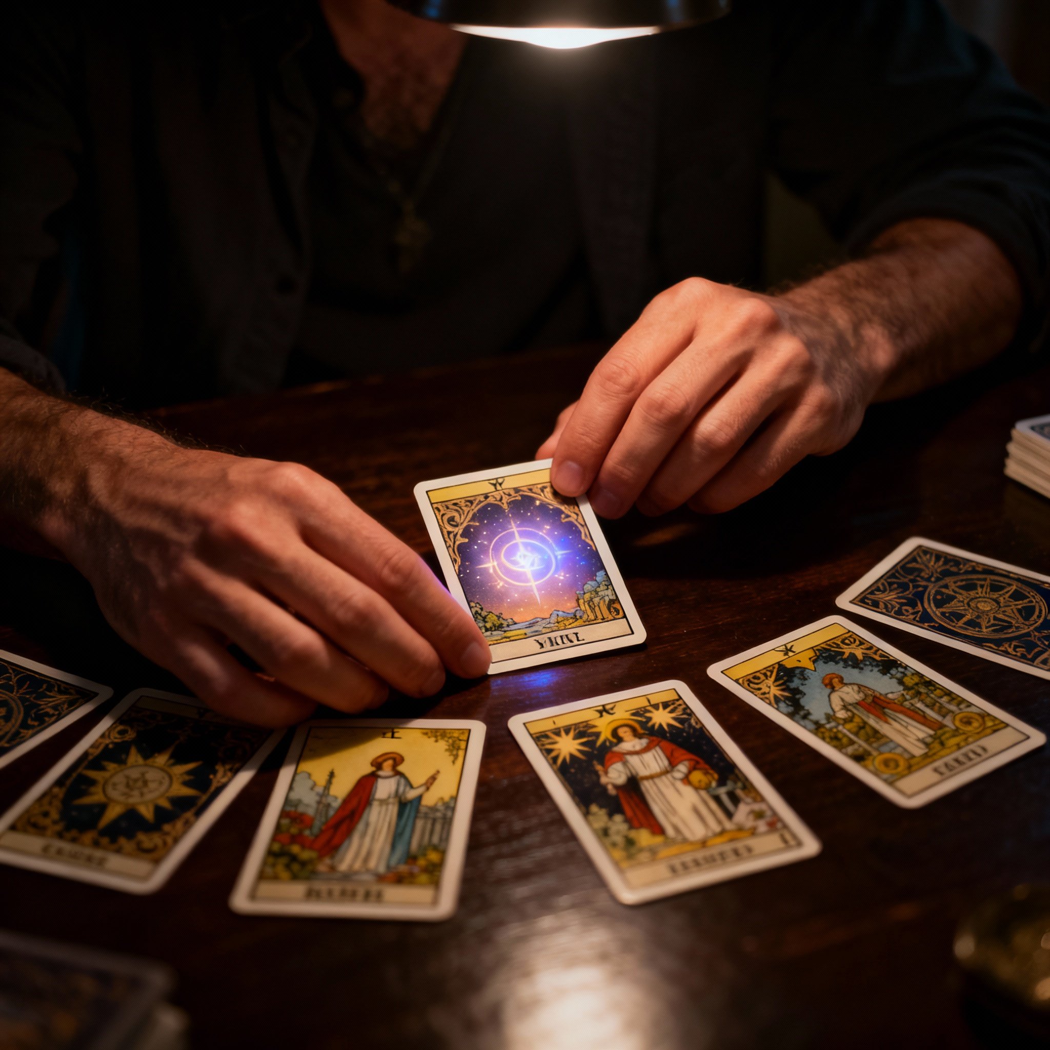 An overhead view of a pair of hands laying out tarot cards on a dark wooden table. One of the cards emits a subtle glow, symbolizing a moment of profound insight and clarity.