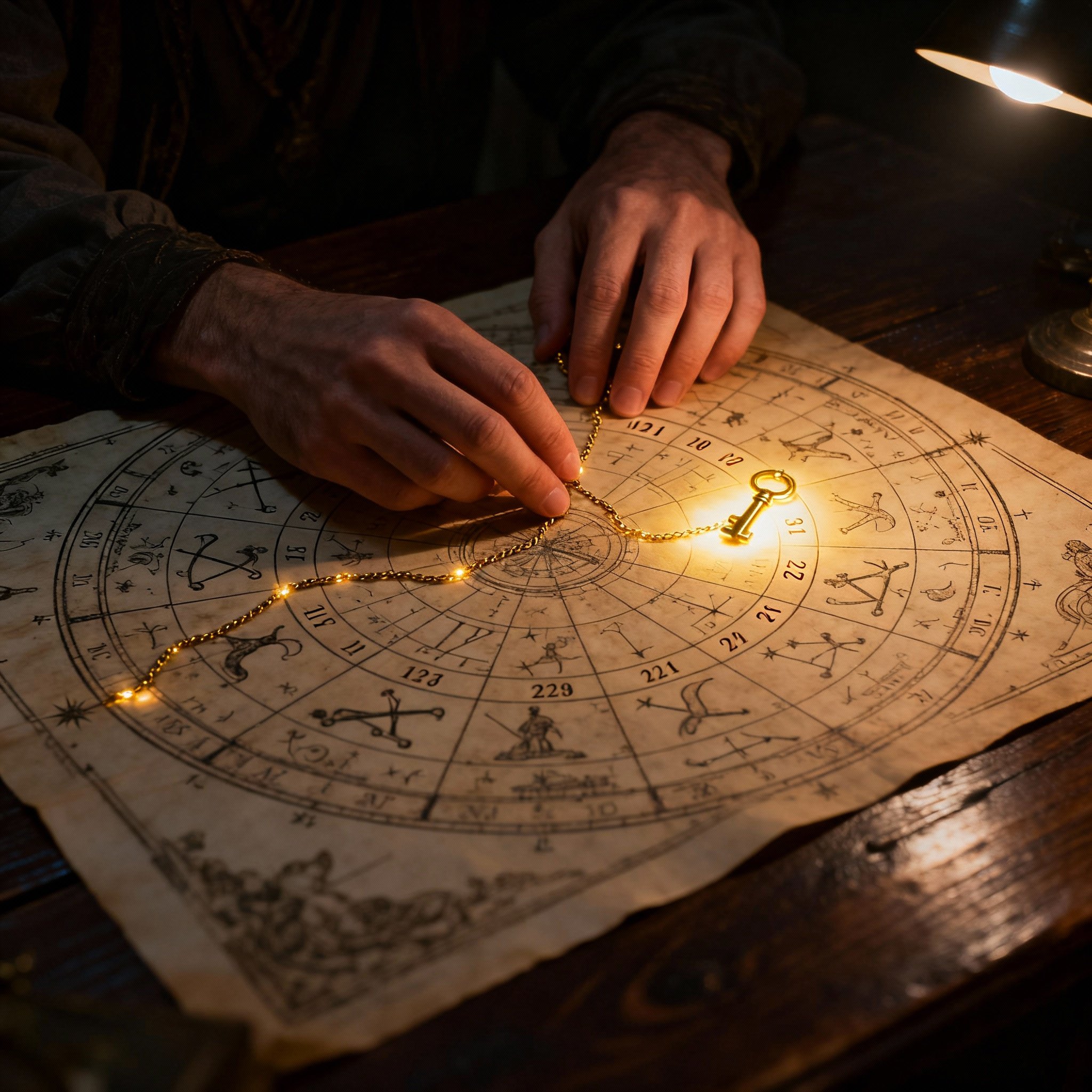 A close-up shot of a hand pointing to a glowing date on an intricate astrological chart, symbolizing a precise and verifiable prediction provided by the psychic.