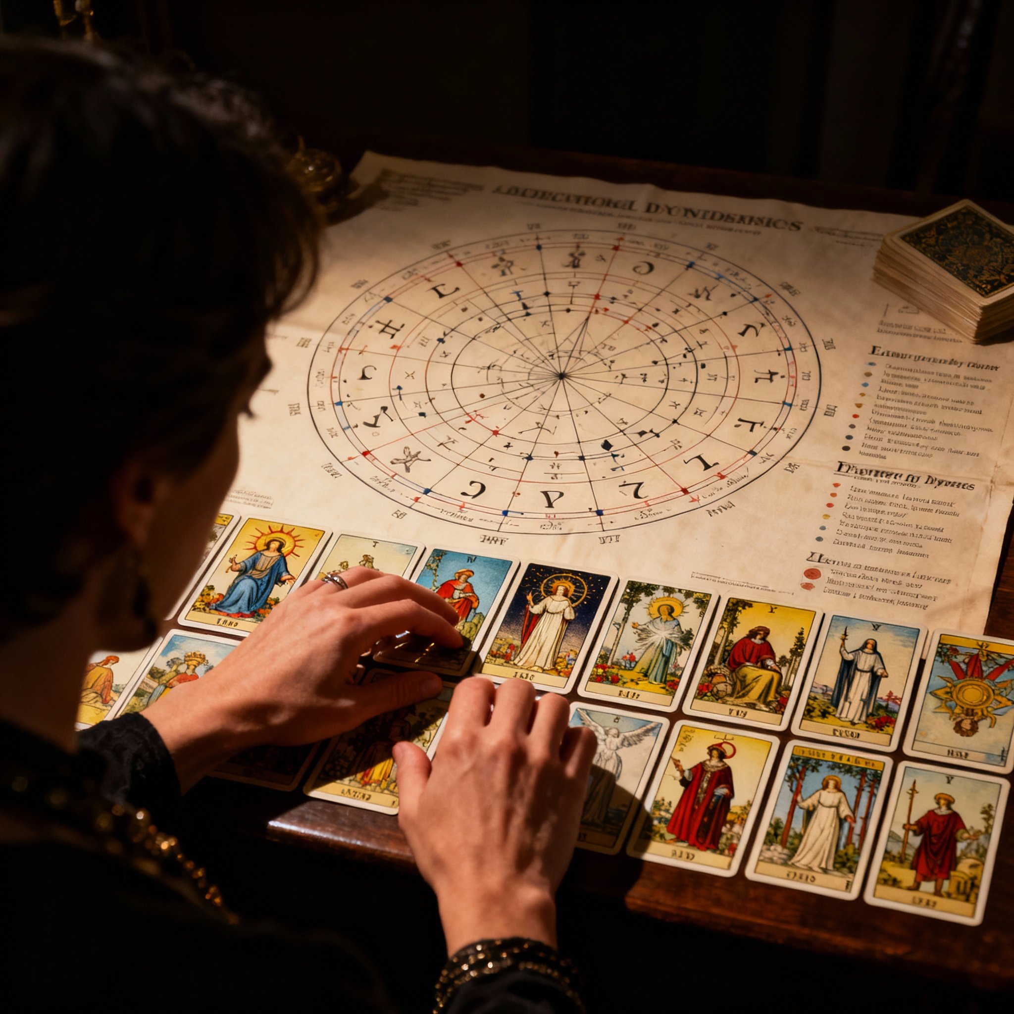 An over-the-shoulder view of a client, showing the psychic's hands elegantly pointing at a spread of tarot cards and a complex astrology birth chart on a wooden table. Focused, cinematic lighting illuminates the tools, suggesting a moment of deep insight and analysis.