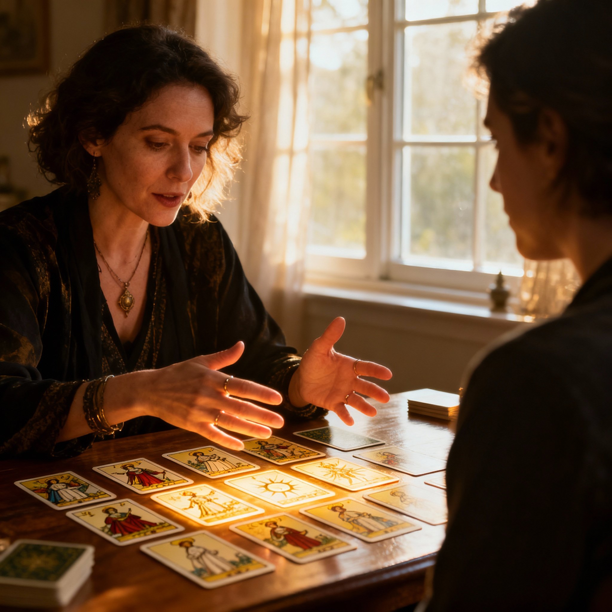 A scene of a psychic advisor in a one-on-one consultation with a client. Tarot cards are spread on the table, and the advisor's hand points to one card while she explains its meaning to the client with a focused gaze. The image focuses on the moment of insight, emphasizing professionalism, clarity, and interaction.