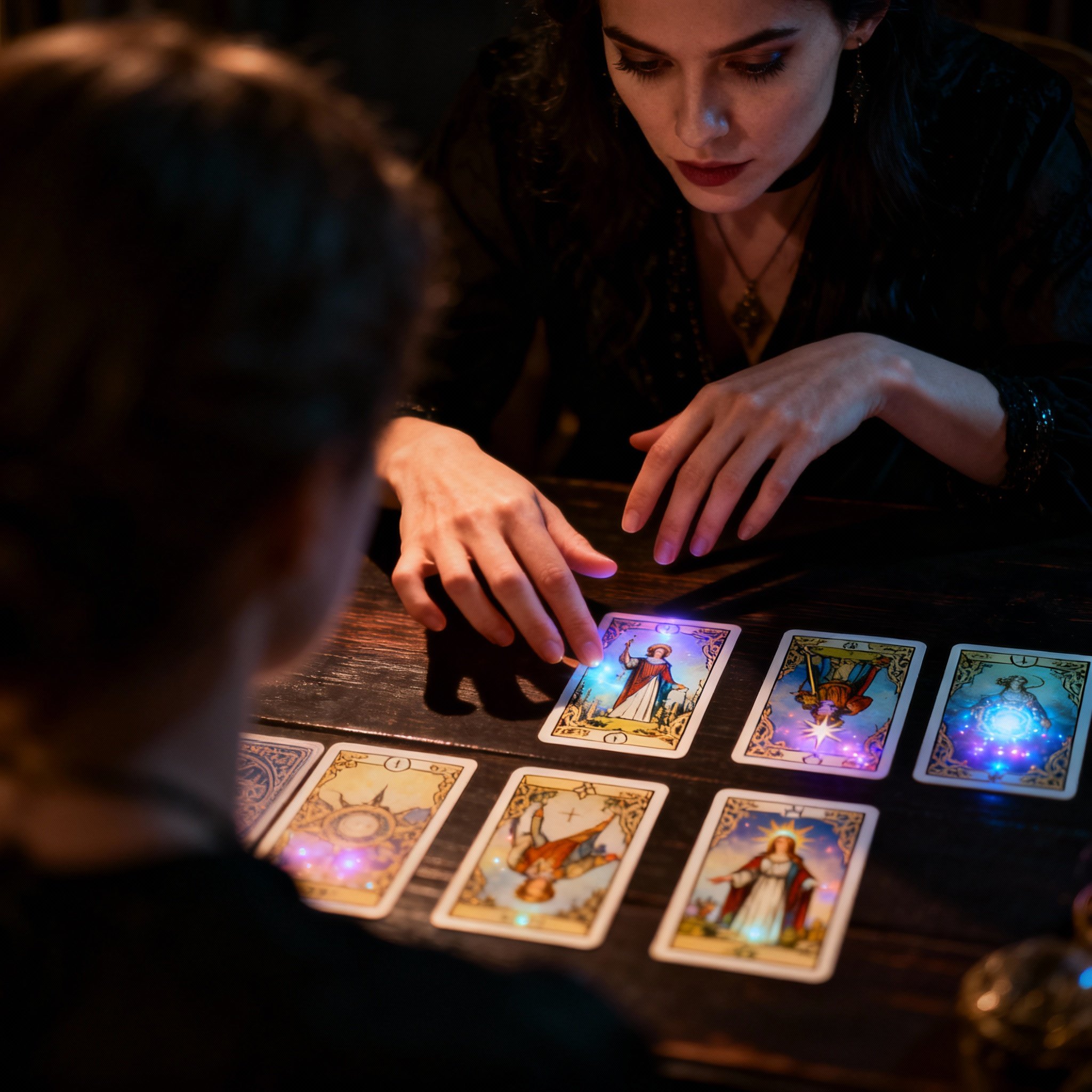 An over-the-shoulder shot of psychic Luna Fortuna interpreting Tarot cards for a client. The cards are spread on the table, subtly glowing, while Luna's hands are decisive and her expression is focused, revealing a complex truth.