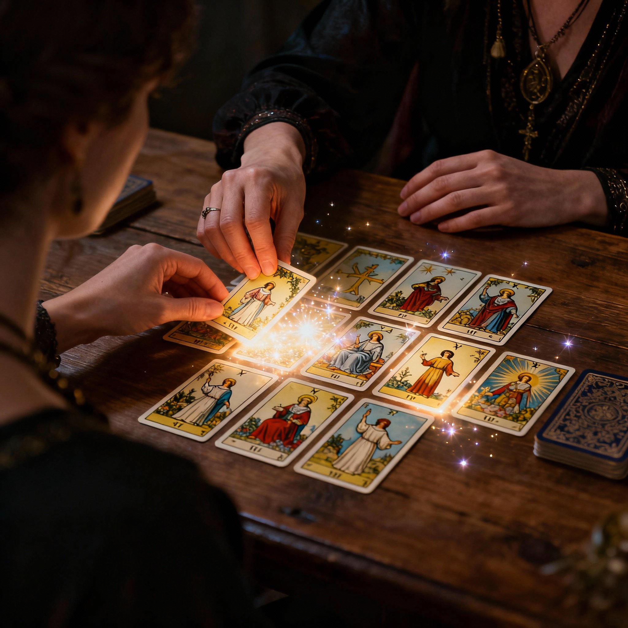 A scene of a psychic consultation, with glowing tarot cards spread on a table, showing the interaction between the psychic's and client's hands, symbolizing clear insight and connection.