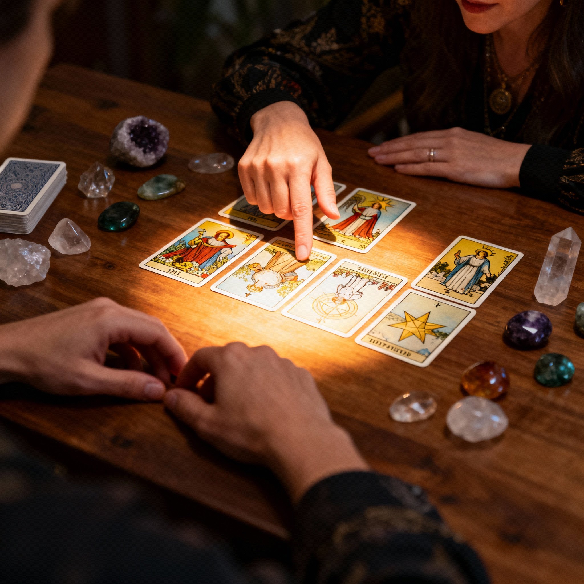 A client's perspective of a psychic reading, with Tarot cards and crystals laid out on a table as the psychic's hands interpret them. The light focuses on the cards, creating an atmosphere of concentration and epiphany.