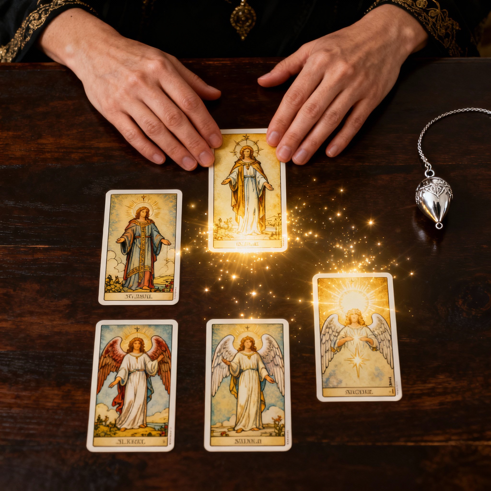 An overhead view of a pair of professional hands interpreting glowing angel and tarot cards on a wooden table, with a pendulum nearby, symbolizing fast, precise insight.