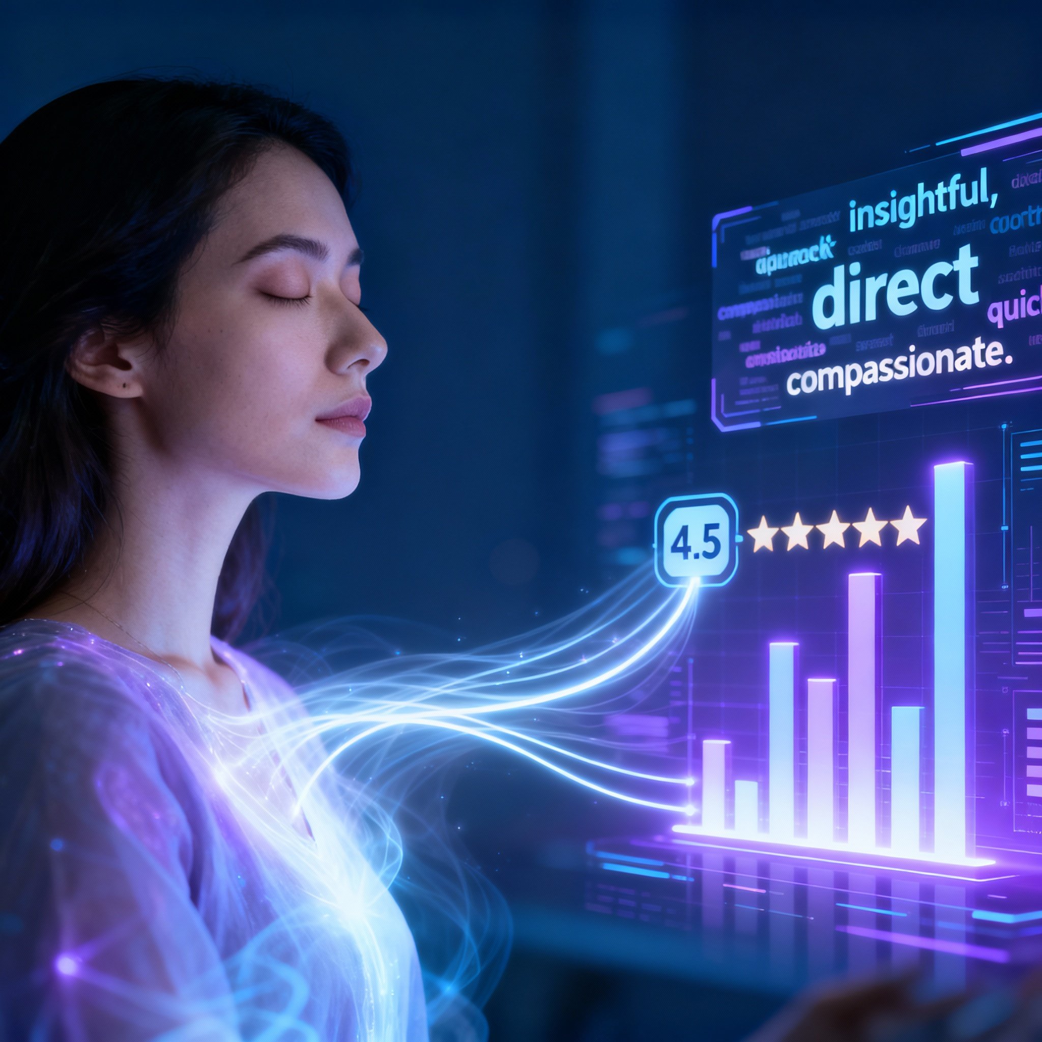 An illustration of a consultation scene. A psychic has her eyes closed, as if sensing energy, next to abstract data charts and a word cloud of user reviews like 'direct' and 'insightful', showing her ability to translate intuitive insights into clear analysis.