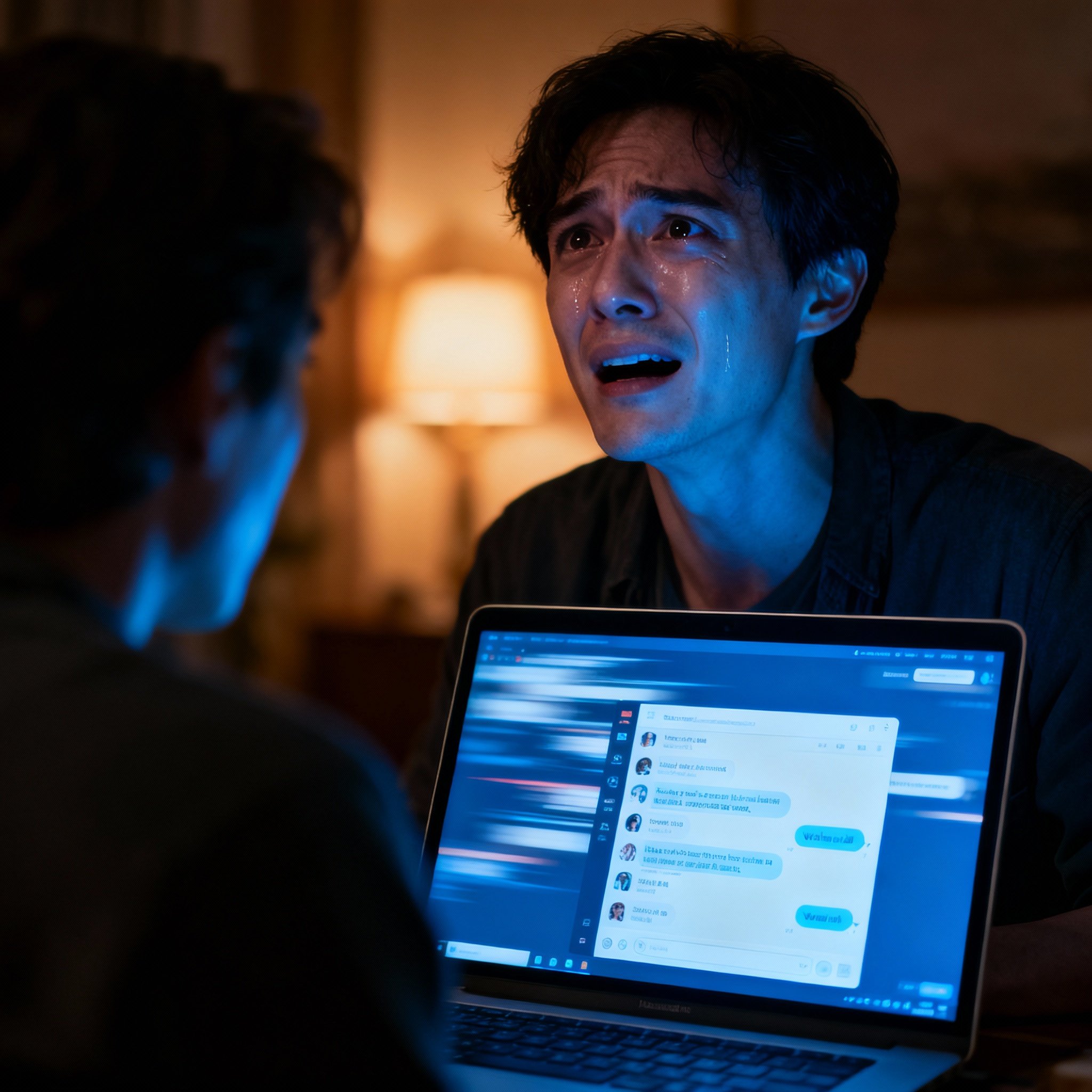 An over-the-shoulder view of a user looking at a laptop screen. The chat interface on the screen glows, illuminating an expression of sudden realization on her face, symbolizing the clarity gained from Sybille's direct advice.